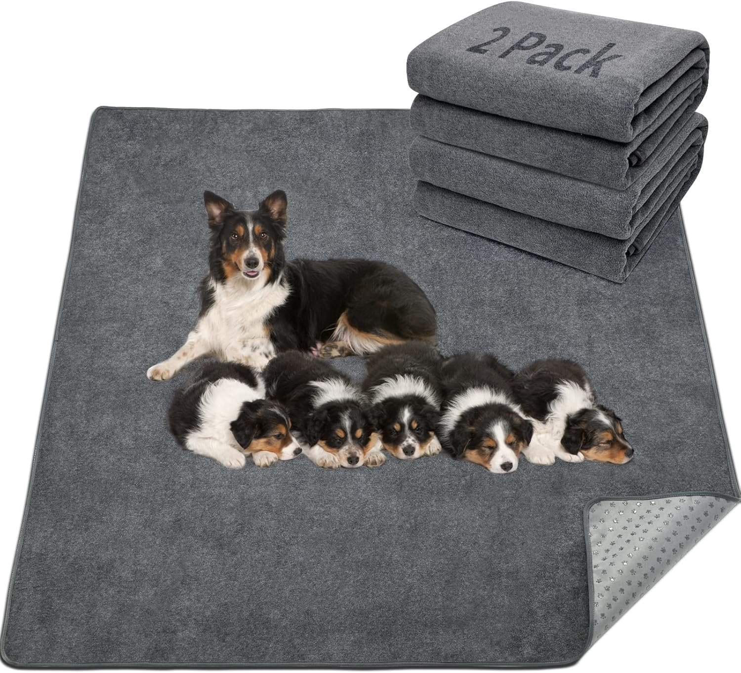 LOOBANI 2 Packs Extra Large Reusable Dog Mat for Floor, Non-Slip Washable Pee Pads for Dogs, Fast Absorbent Pet Whelping Pads, Puppy Playpen Mat for Incontinence, Housebreak, Crate (36″x48″-Gray)