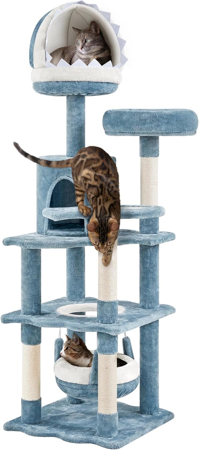 Yaheetech 61in Tall Ocean-Themed Cat Tree, Multi-Level Cat Tower with Shark’s Mouth-Shaped Nest, Fish-Shaped Platform, Sisal Scratching Posts, Plush Pet Bed Furniture as Kitty Activity Center