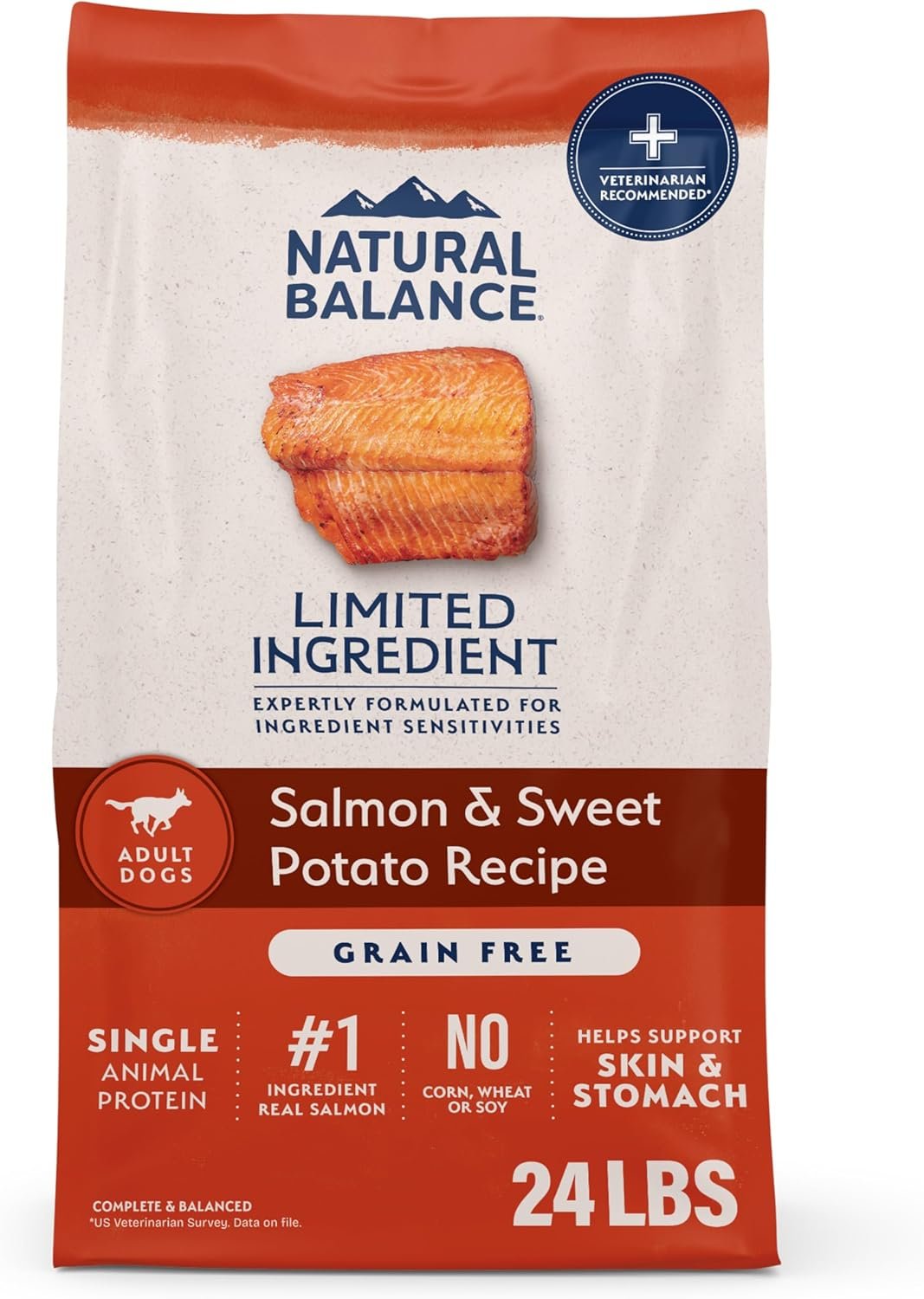 Natural Balance Limited Ingredient Adult Grain-Free Dry Dog Food, Salmon & Sweet Potato Recipe, Single Protein, Sensitive Stomach & Skin Support that is Vet Recommended, 24lb (Pk of 1)