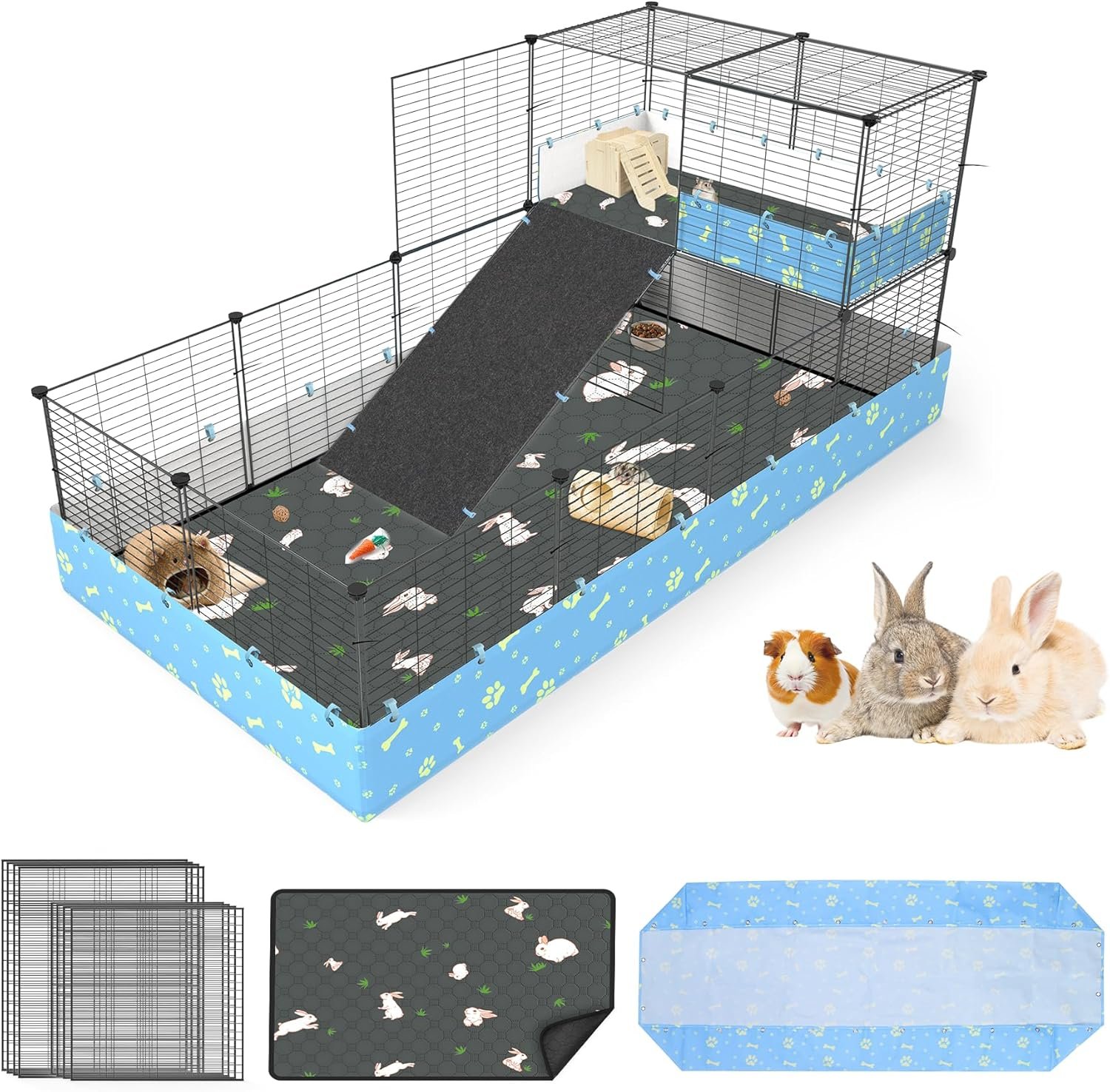 Guinea Pig Cages with Tarp and Bedding Pee Pad Liner, 2-Story Large Guinea Pig Playpen C&C Loft Cage for 2 Rabbit Bunny Chinchilla Small Animal Habitat for Indoor