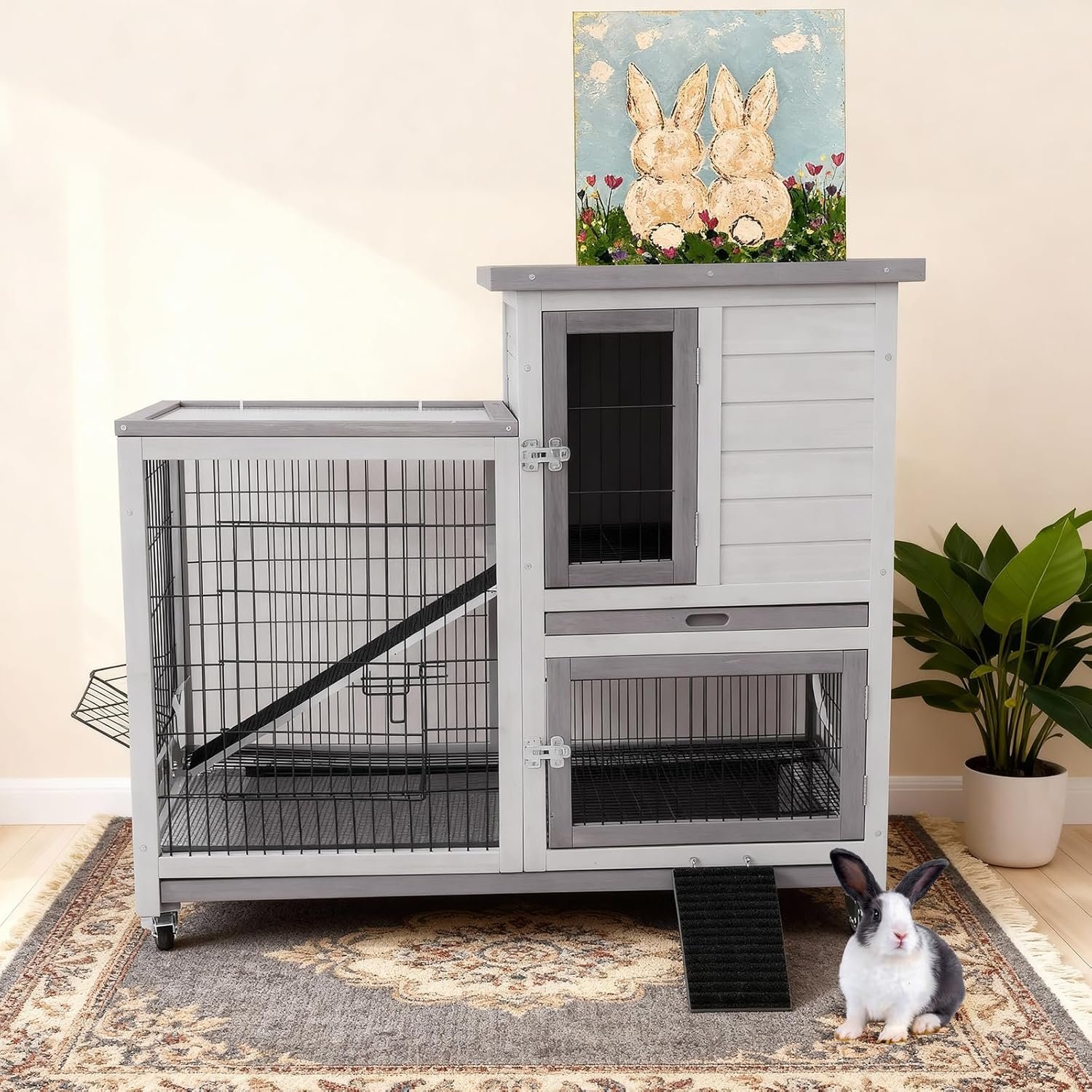 Rabbit Hutch Indoor Outdoor Bunny Cage with Urine Guards 2 Storey Mobile Guinea Pig Cage Weatherproof Asphalt Roof Wire Bottom 2 Trays