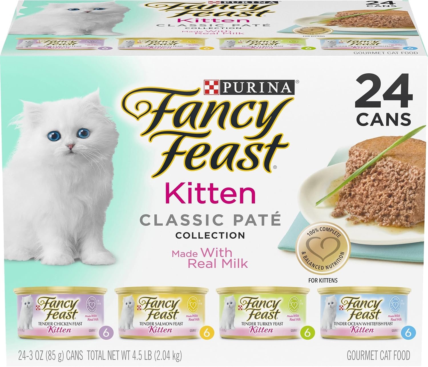 Purina Fancy Feast Tender Ocean Whitefish, Turkey, Chicken and Salmon Feasts Wet Kitten Food Variety Pack – (Pack of 24) 3 oz. Boxes