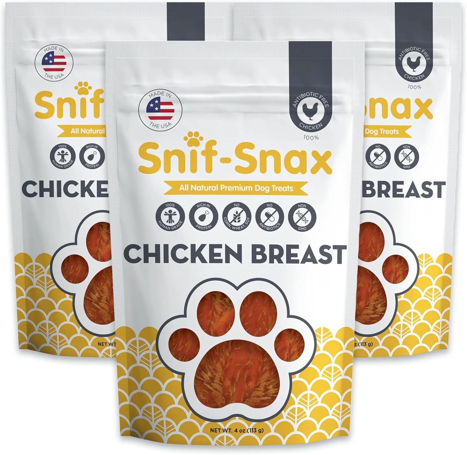 Snif-Snax Smoked Chicken Breast Dog Treats (4oz, 3-Pack) – All Natural Human Grade Jerky – Grain Free Training Treats for Dogs – Single Ingredient, Chicken Strips for Small, Medium & Large Dogs