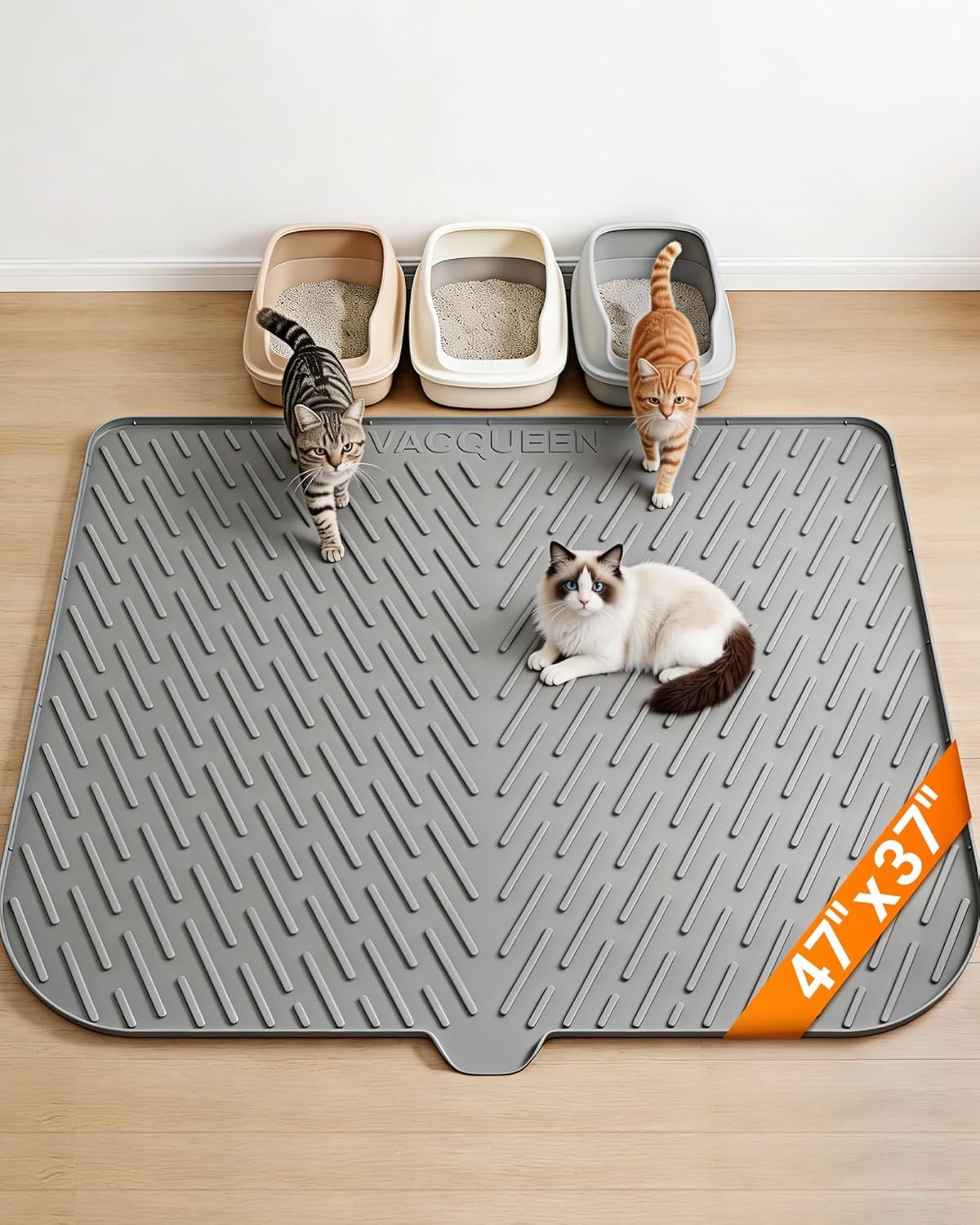 Cat Litter Box Mat, 47″ x 37″ Extra Large Cat Litter Mat, Silicone Waterproof Litter Trapping Mat for Scatter Control Soft on Kitty Paws Non-Slip Easy to Clean（Grey)