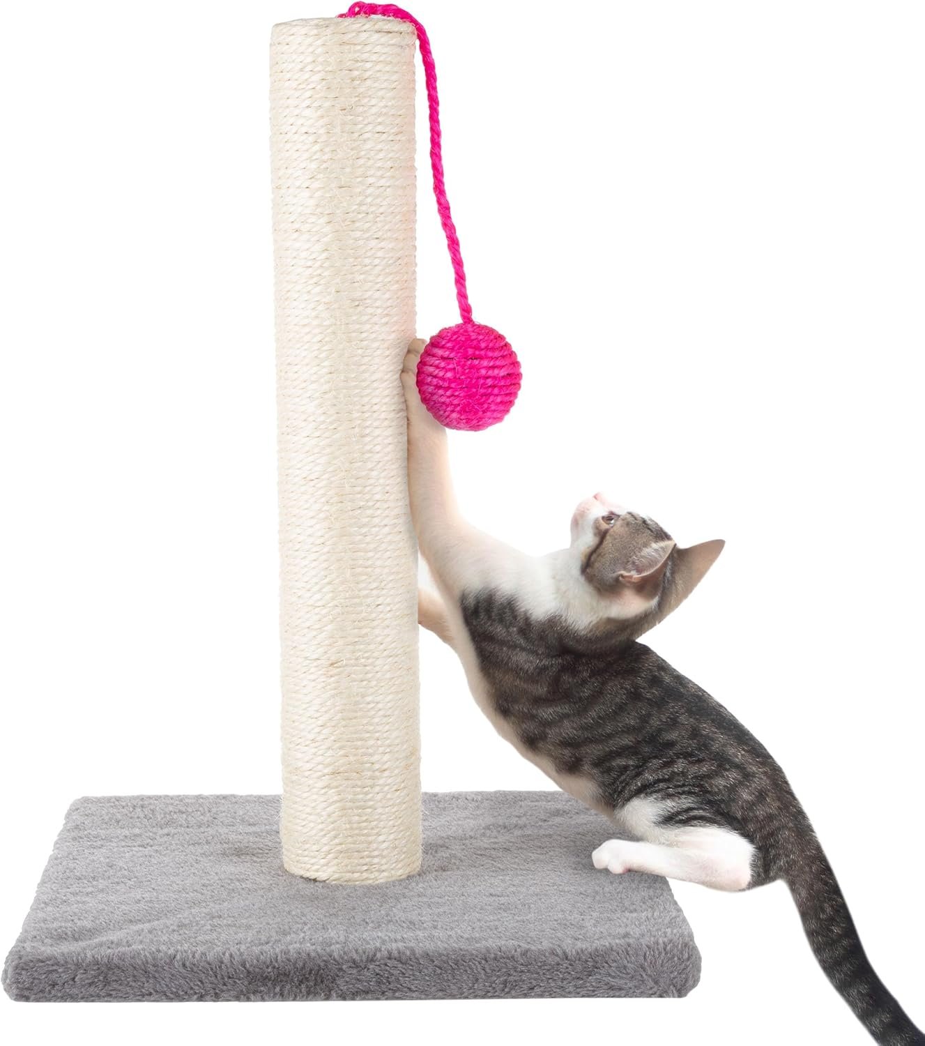 17-Inch Cat Scratching Post – Sisal Rope and Carpet Scratching Pole with Bright Pink Hanging Ball Toy for Adult Cats and Kittens by PETMAKER (Gray)