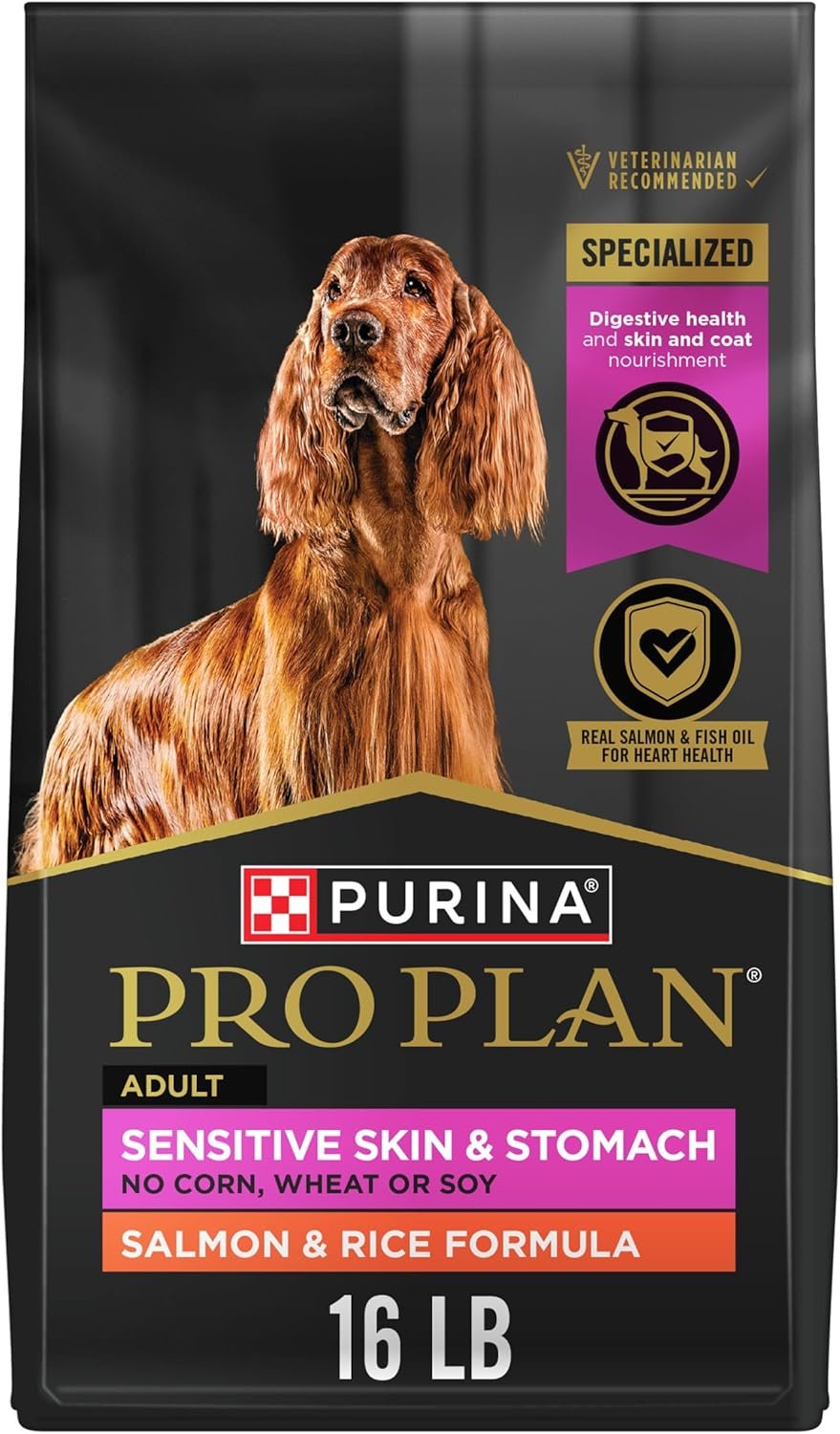 Purina Pro Plan Sensitive Skin and Stomach Dog Food Dry, Adult Salmon & Rice Formula, Digestive Health – 16 lb. Bag