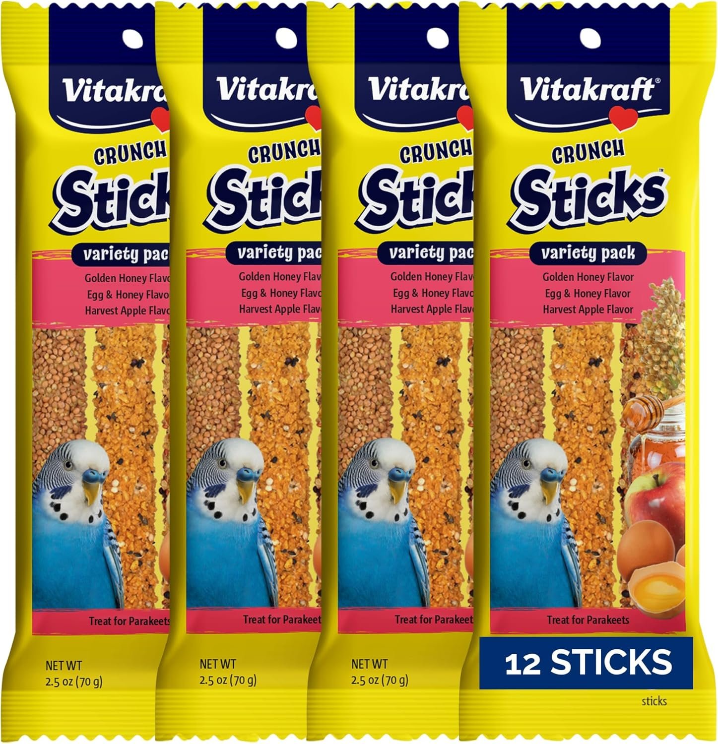 Vitakraft Crunch Sticks Parakeet Treat – Triple-Baked Millet Parakeet Treats with Natural Wood Center – Crunchy & Nutritious Bird Treat Sticks for Small Animals (12 Count, Honey, Egg, and Apple)