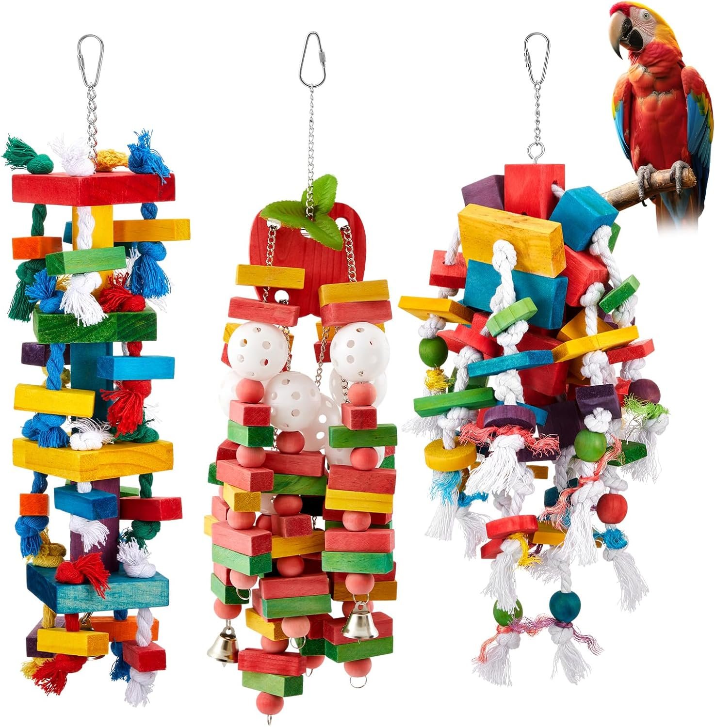 3 Pcs Extra Large Bird Parrot Toy Multicolored Natural Wooden Parrot Cage Chewing Toys for Large Medium Macaws Cockatoos African Grey Birds (Block and Rope)