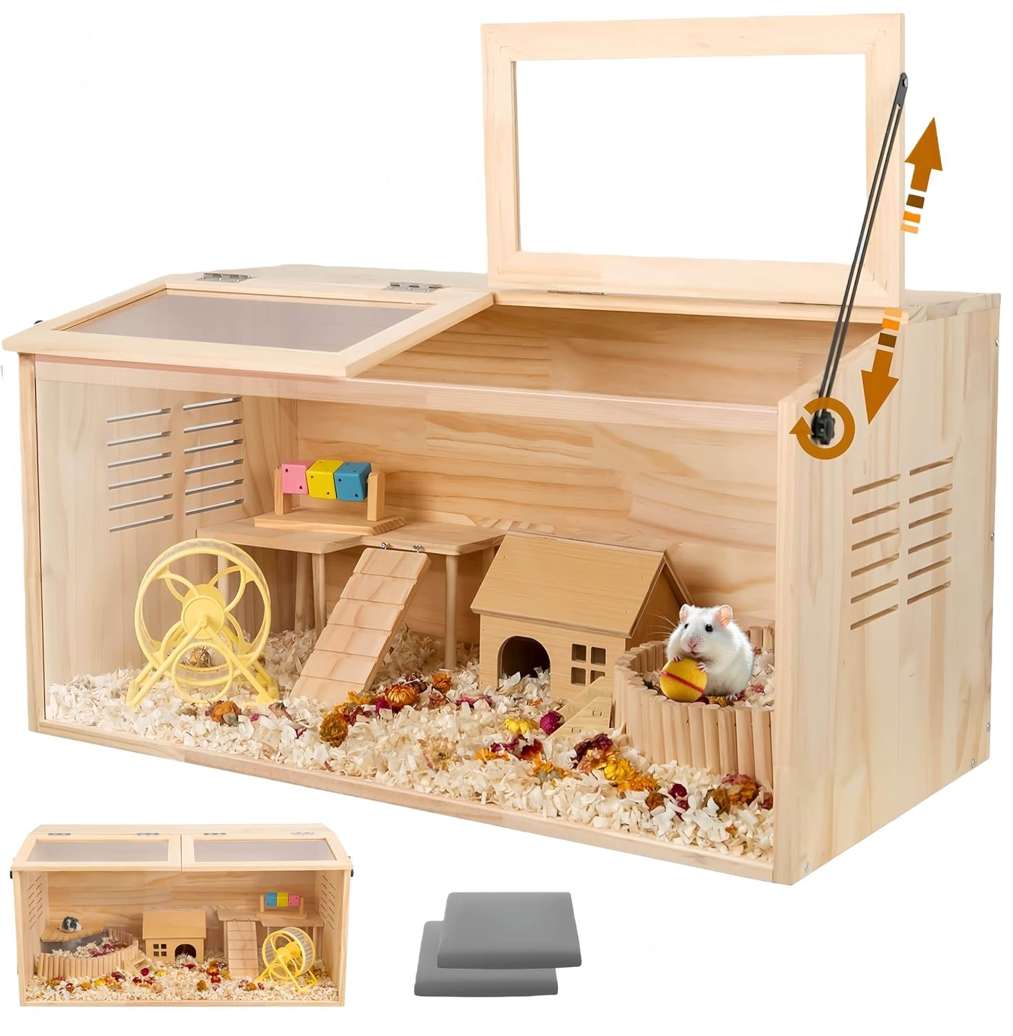 Wooden Hamster Cage,32″ Lx16 Wx16 H,2 Washable Liner, Animal Cabinet for Dwarf Syrian Hamsters Degus, Hamster Habitat with Openable Top and Large Acrylic Sheets, Natural Wooden Hamster Habitat