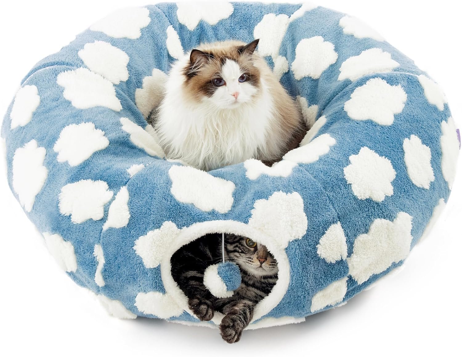 Lesure Cat Tunnel Bed for Indoor Cats – Cute Cat Donut Tunnel Toys for Small Large Cats with Washable Circle Cushion, Round Pet Peekaboo Cave Toy for Kitten/Puppy/Rabbit, Standard Cozy Clouds Blue