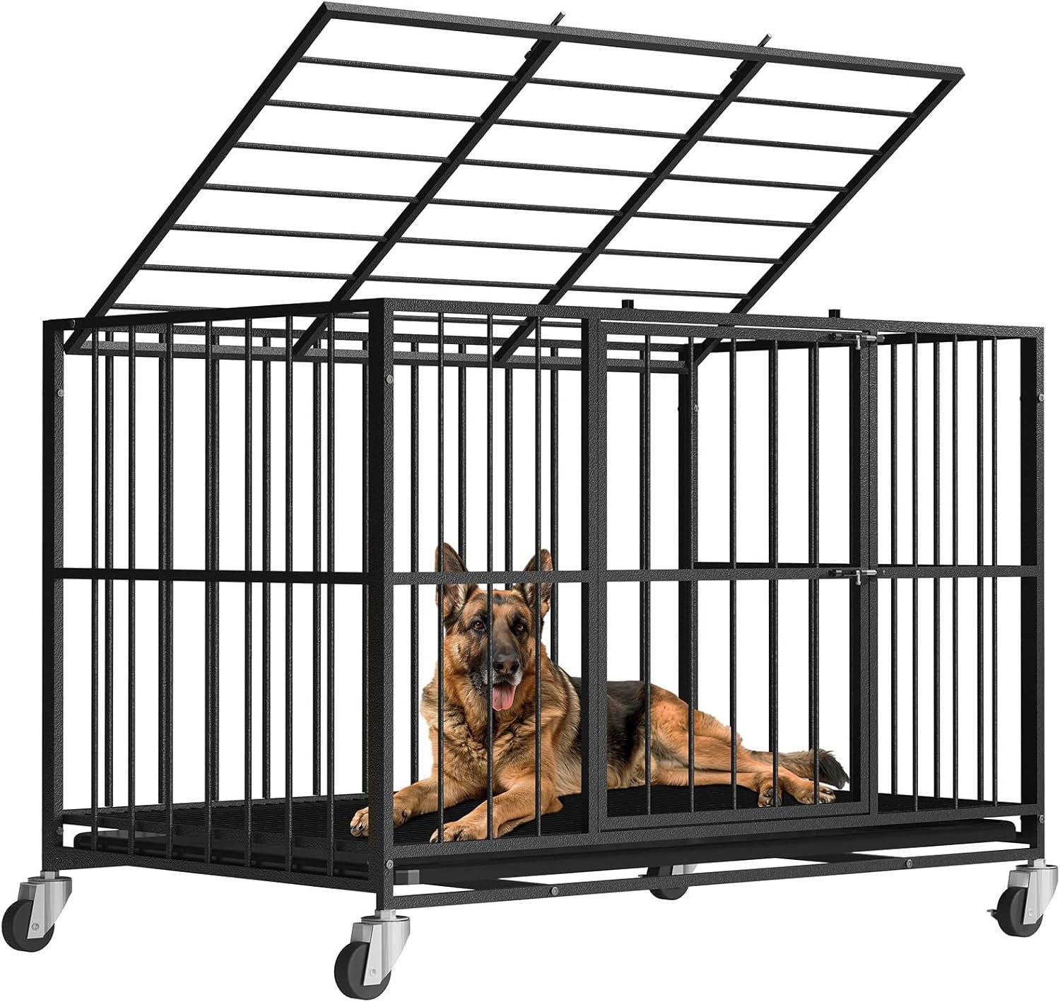 48 Inch Heavy Duty Dog Crate Steel Escape Proof, Indoor Double Door High Anxiety Cage, Removable Tray, Large Dog Kennel with Wheels,XL XXL