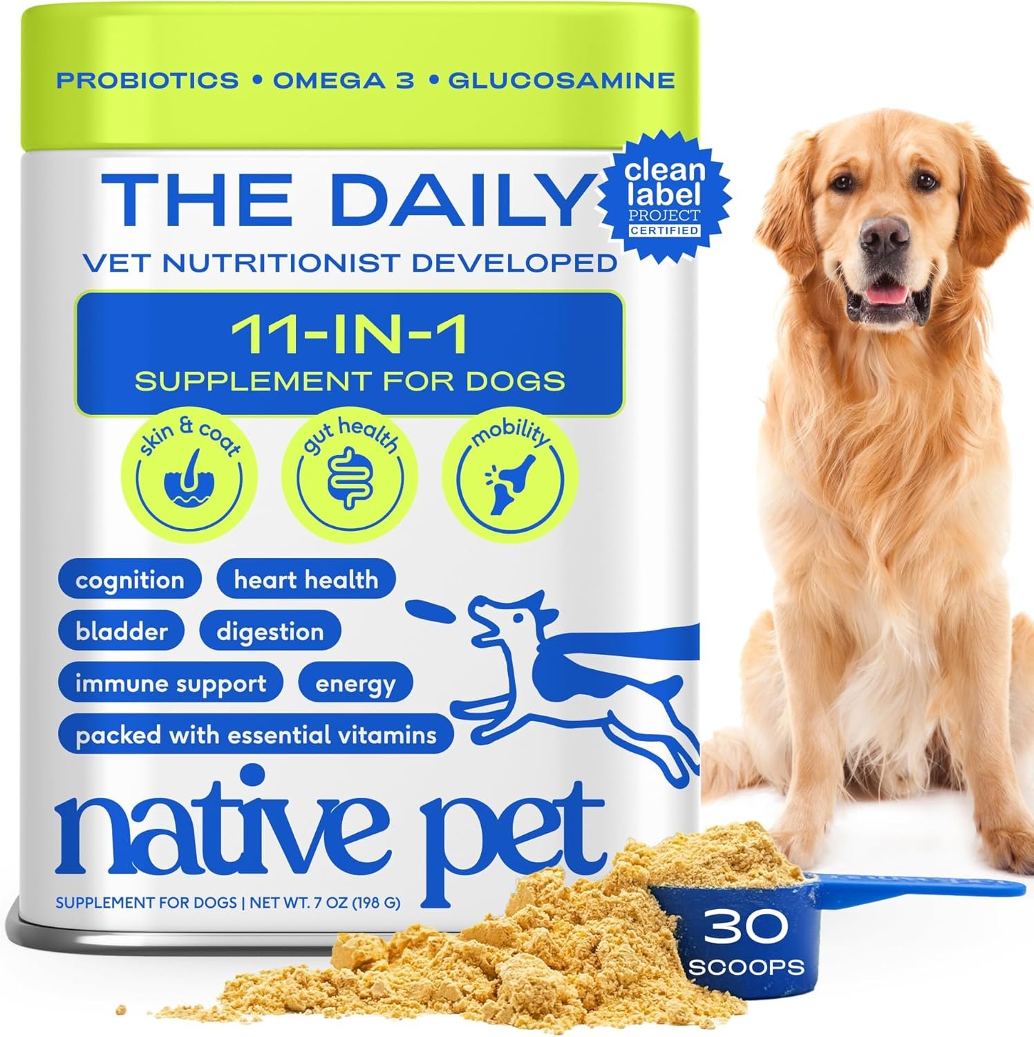 Native Pet The Daily Dog Vitamins & Supplements – 11-in-1 Multivitamin Powder for Dogs – Supports Whole Body Health, Digestion, Mobility & Immunity with Collagen, Glucosamine & Probiotics – 30 Scoops