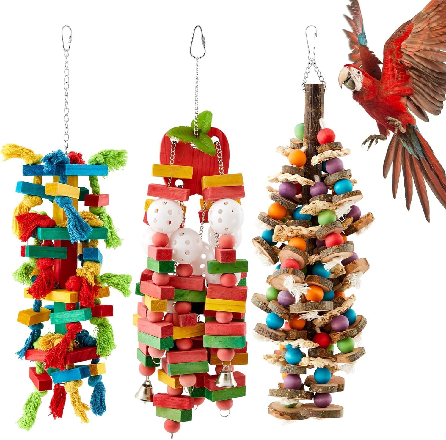 3 Pcs Extra Large Bird Parrot Toy Multicolored Natural Wooden Parrot Cage Chewing Toys for Large Medium Macaws Cockatoos African Grey Birds (Block and Ball)