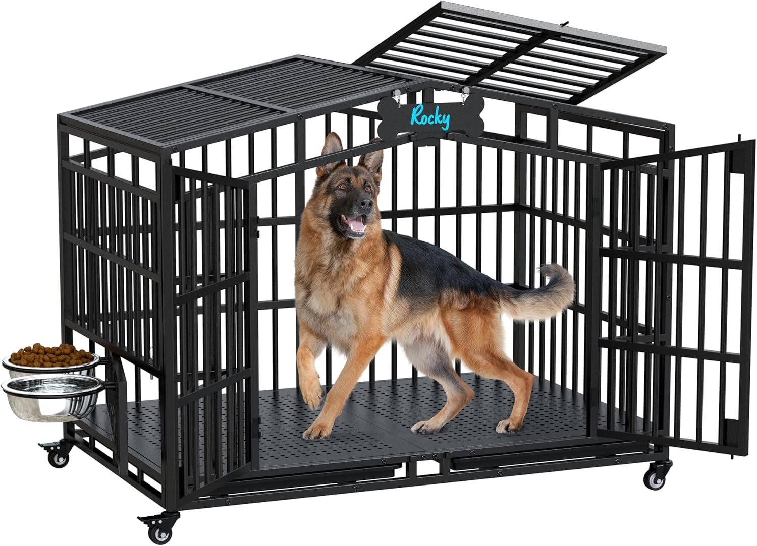 EasyCom 48 Inch Heavy Duty Indestructible Dog Crate – Extra Large Metal Dog Kennel with 2 Adjustable Bowls, Open Top & Lockable Wheels, Escape Proof Indoor Cage for High Anxiety Big XL XXL Dogs