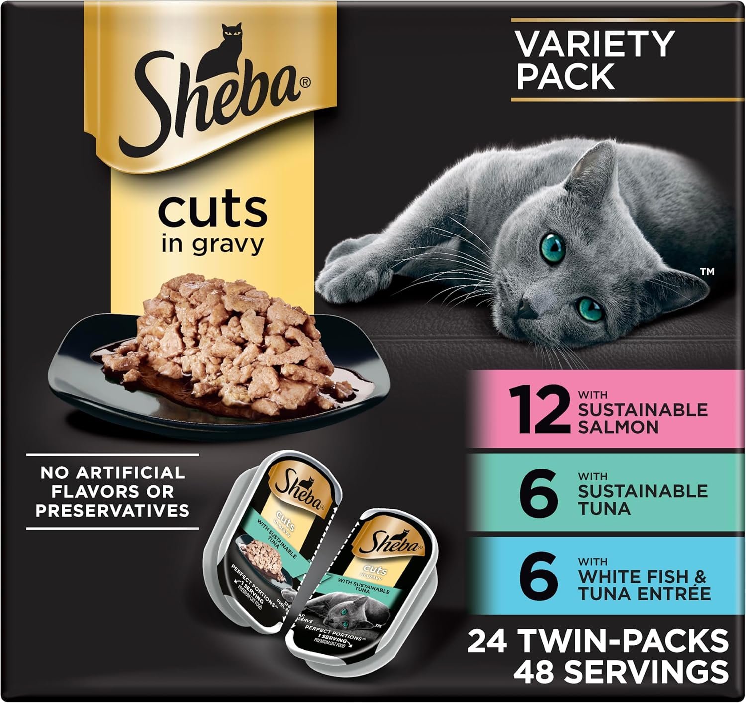 Sheba Perfect Portions Wet Cat Food Cuts in Gravy, Cat Food Wet Recipe, Sustainable Salmon, Tuna, White Fish and Tuna Entree, 2.6 oz. Twin-Pack Trays (24 Count, 48 Servings)
