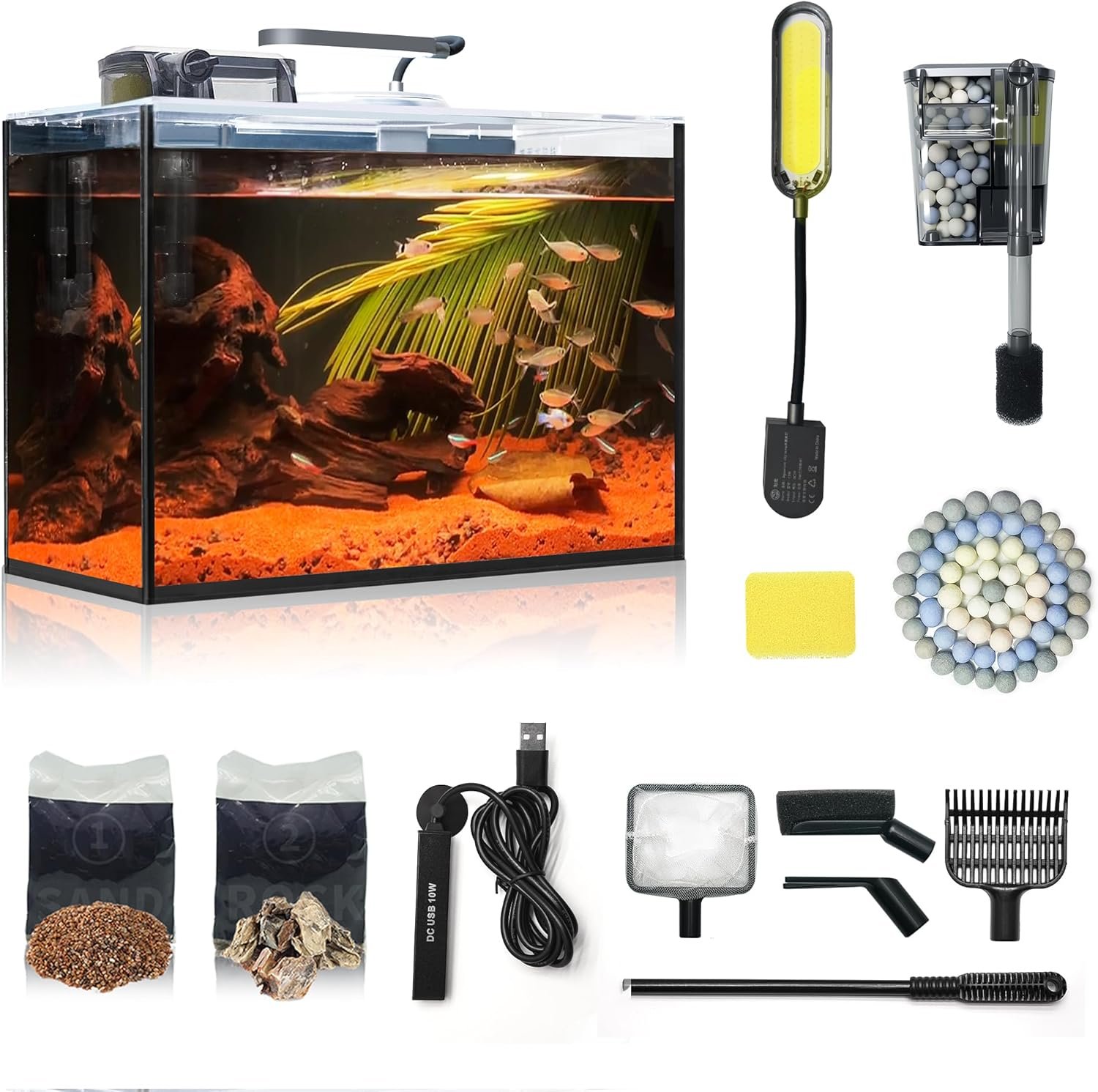 Small Aquarium Set Glass 2.6 Gallon Fish Tank, Starter Kit with Heater Self Cleaning System Efficiency Filter Bright Light Rocks Gravel Cleaning Tool, Leak-Proof Ultra-Clear Rimless Desktop Betta Tank