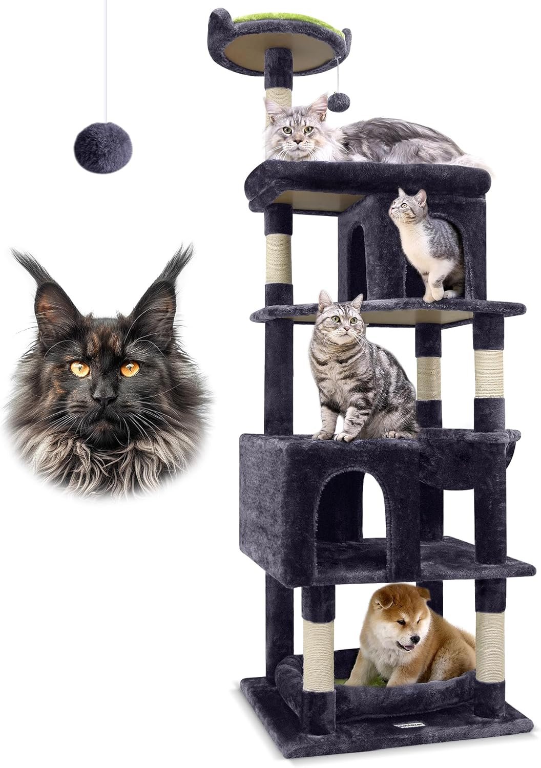 Globlazer Heavy Duty Cat Trees for Large Cats, Sturdy 72in Maine Coon Cat Tree for Large Cats 20 lbs+ Heavy Duty Cat Tower for Adult Biggest Cat with 6 Scratching Posts, Hammock, S72, Dark Gray
