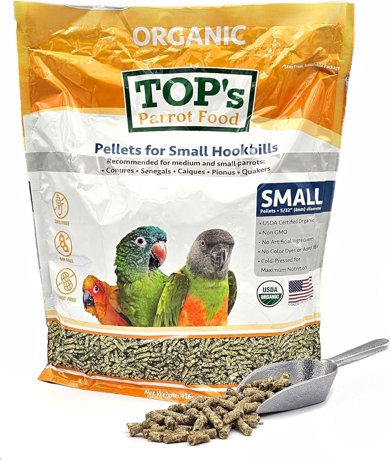 TOP’s Parrot Food Bird Pellets for Small Hookbills – Non-GMO, Peanut Soy & Corn Free, USDA Organic Certified (4lbs)