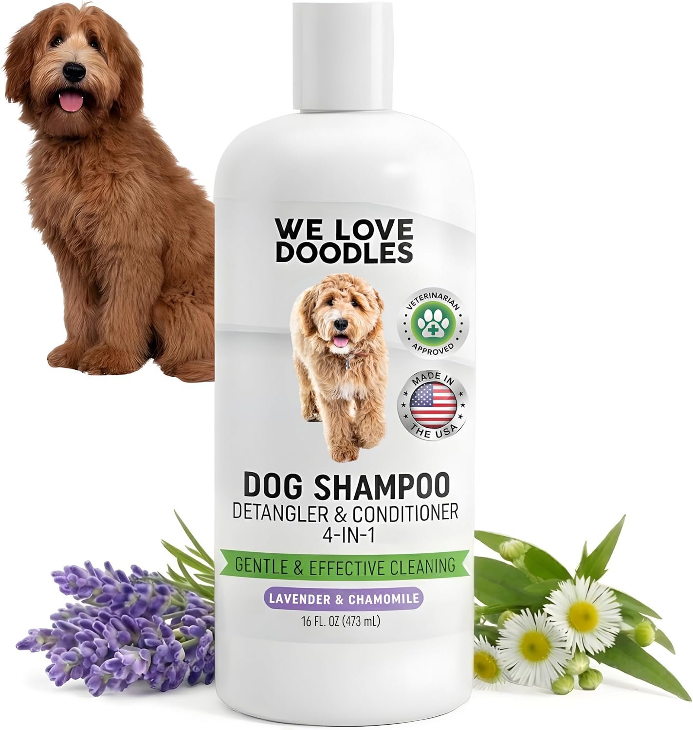 Dog Shampoo, Conditioner & Detangler – Best Shampoo for Goldendoodles, Poodles & Doodles Pet Hair – Hypoallergenic, Tearless, Sensitive Skin for Puppies & All Dog Breeds – Made in USA, 16OZ (Lavender)