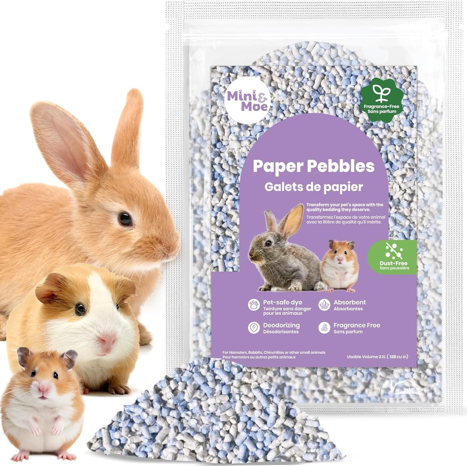 mini&moe Hamster Bedding Guinea Pig Bedding Paper Pellet Bedding: Odor Control & Moisture Absorbent Natural Paper Pellet Bedding – for Small Animal Guinea Pigs,Rabbits Bedding 1.98lbs