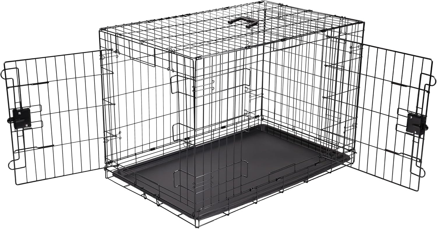 Amazon Basics Portable, Easy to Assemble, Foldable Metal Wire Dog Crate with Removable Tray, Double Door, Divider Panel, Handle, 36″ x 23″ x 25″, Black