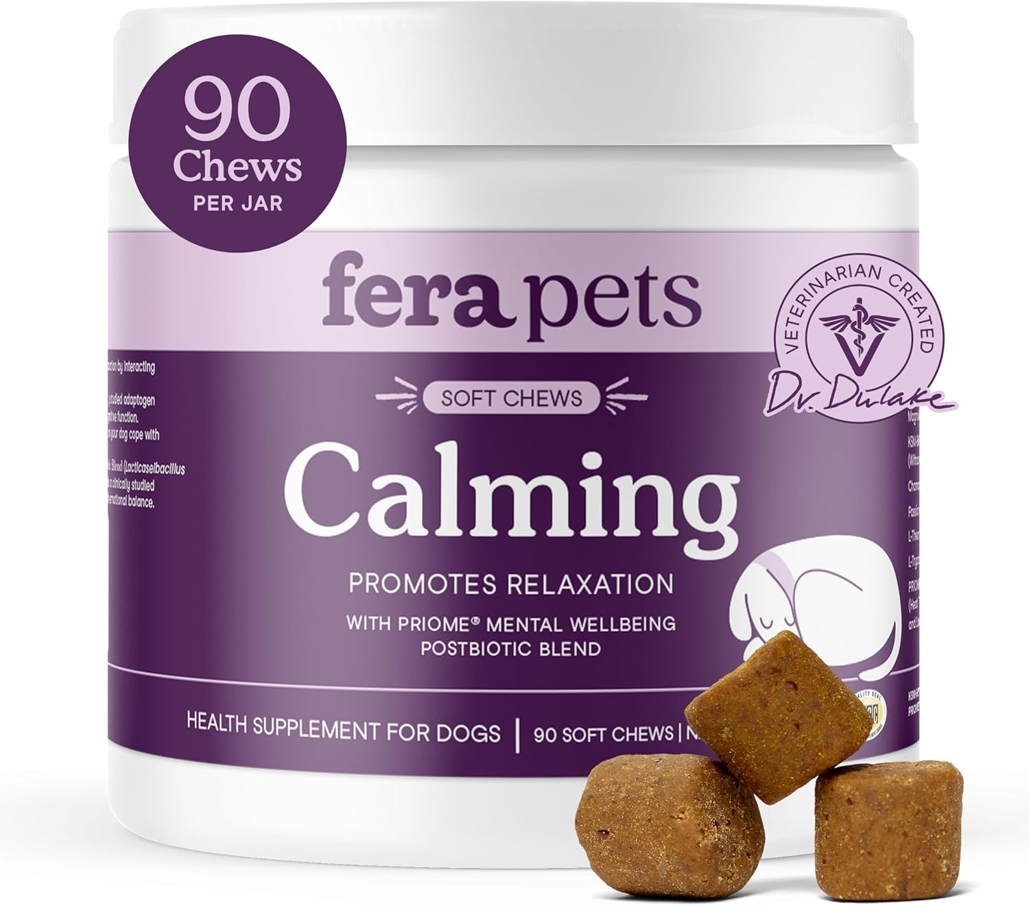 Fera Pets Dog Calming Chews – Helps Manage Everyday Stress & Separation – Promotes Relaxation – Ashwagandha & Priome® Mental Wellbeing Postbiotic Blend – 90 Soft Chews