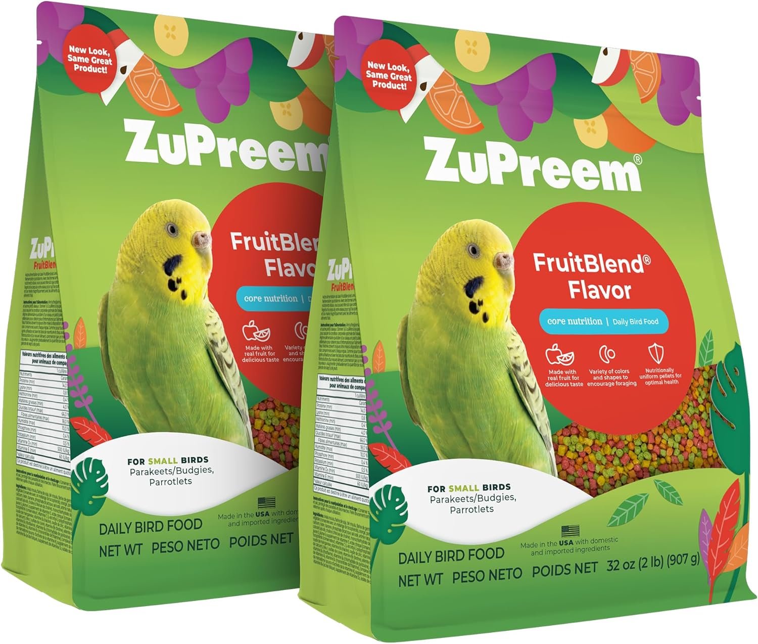 ZuPreem FruitBlend Flavor Pellets Bird Food for Small Birds, 2 lb (Pack of 2) – Daily Blend Made in USA for Parakeets, Budgies, Parrotlets