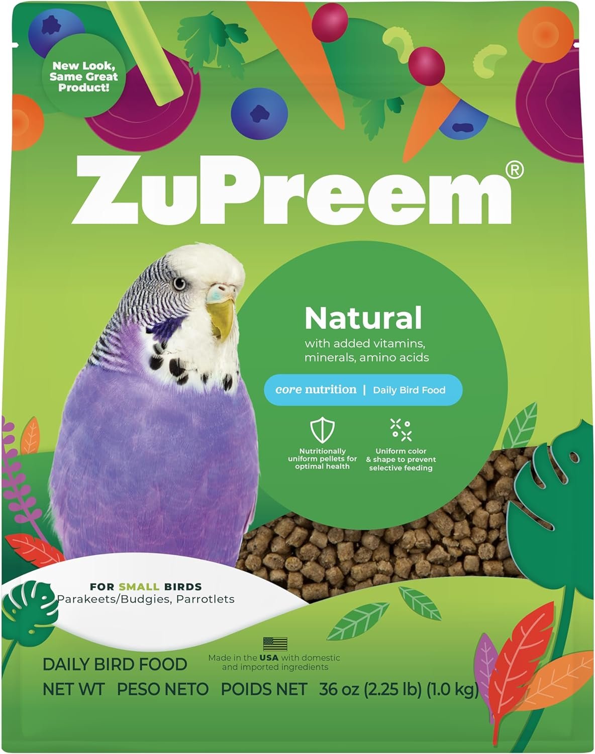 ZuPreem Natural Bird Food, Bird Feed Pellets for Parakeets, Budgies, Parrotlets, & Doves, ZuPreem Core Nutrition, Made in USA, Added Vitamins, Parakeet Food, Budgie Feed, (Small, 2.25 lb Bag)