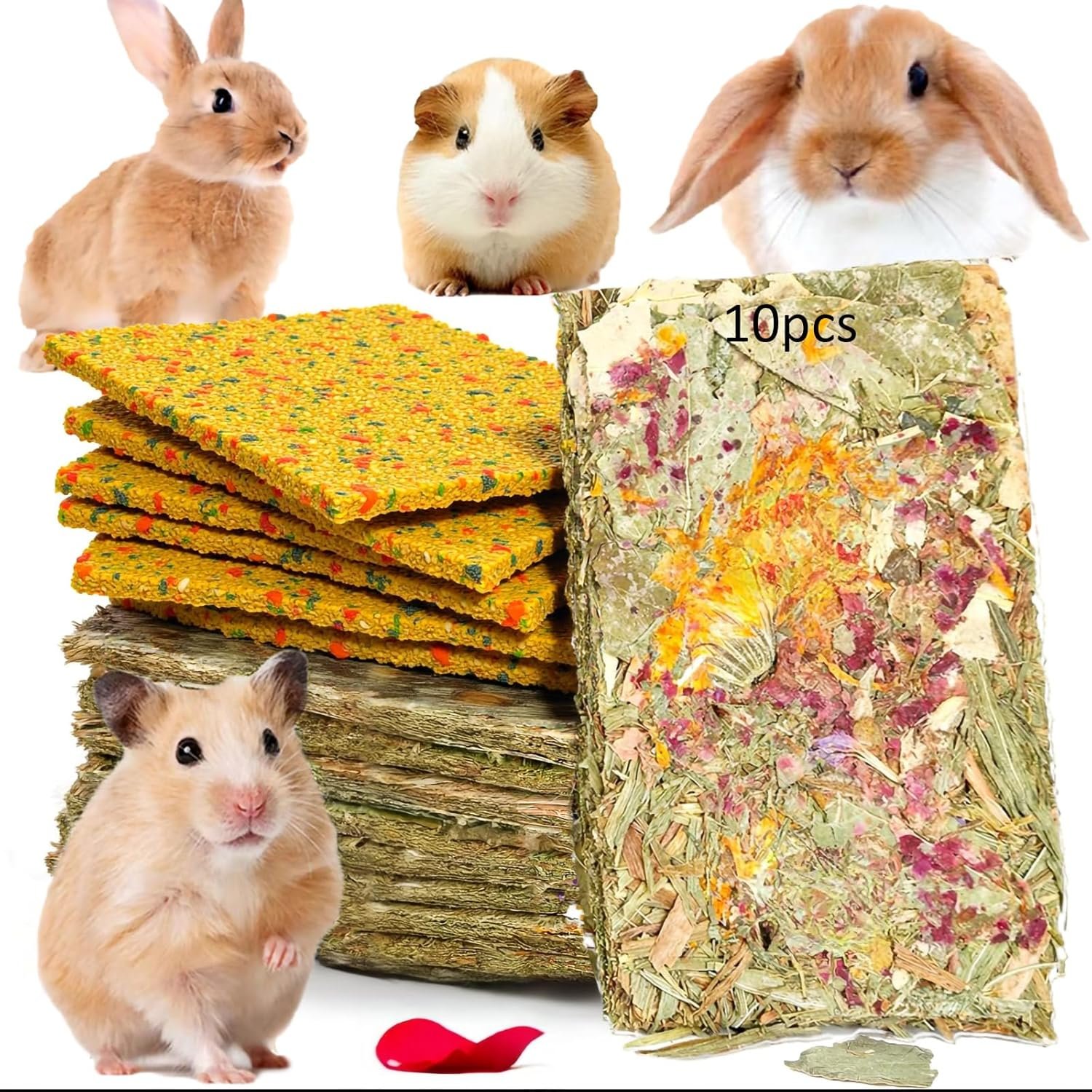 Rabbit Toys 10pcs 2 in 1 Bunny Crisp Treat Guinea Pig Chew Snack for Cleaning Teeth Enrichment Timothy Hay Chips Hamsters Molar Food for Chinchilla Gerbil Rat Indoor Dental Care Boredom (4+6)