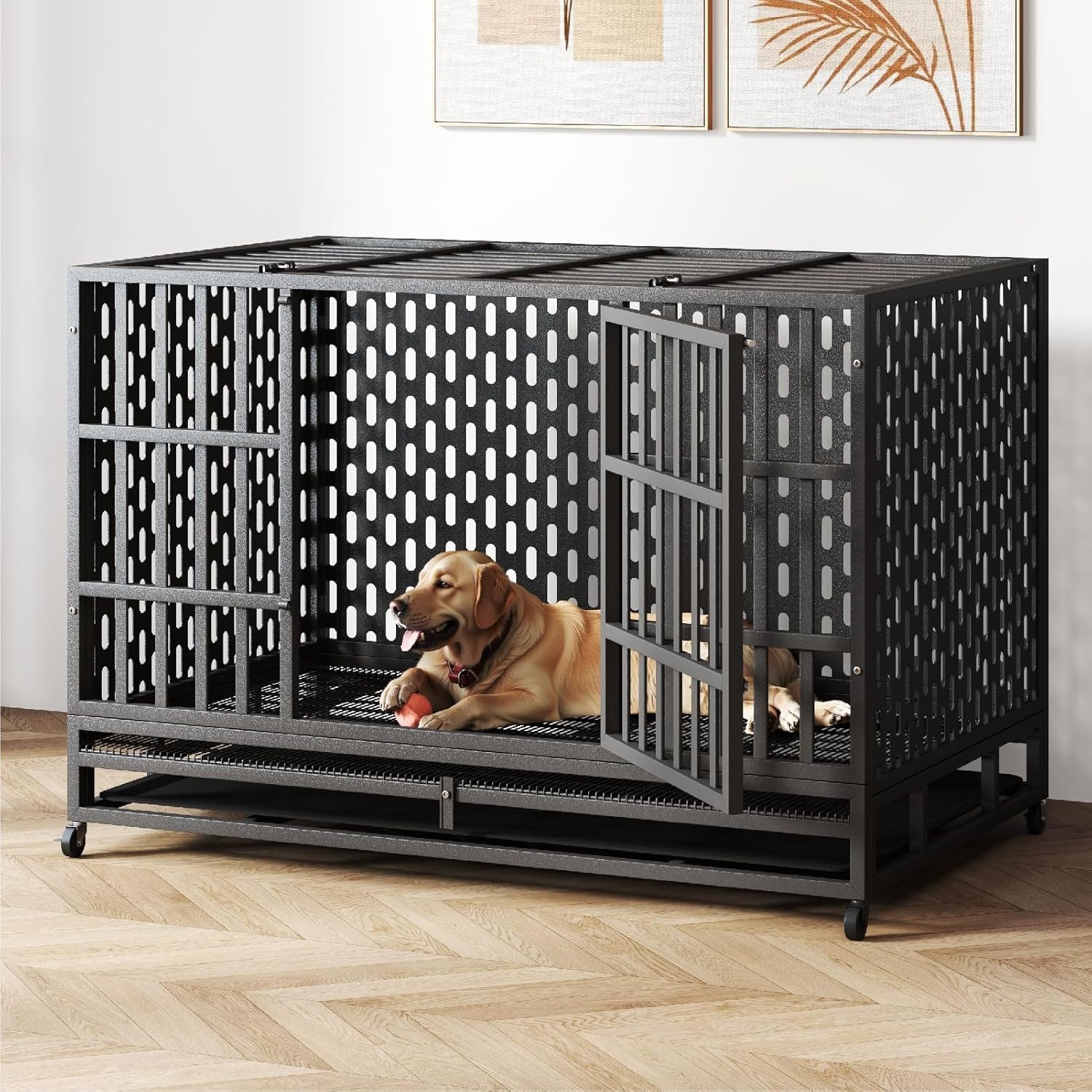 48 Inch Heavy Duty Indestructible Dog Crate Steel Escape Proof, Indoor Double Door High Anxiety Cage, Kennel with Wheels, Removable Tray, Extra Large XL XXL
