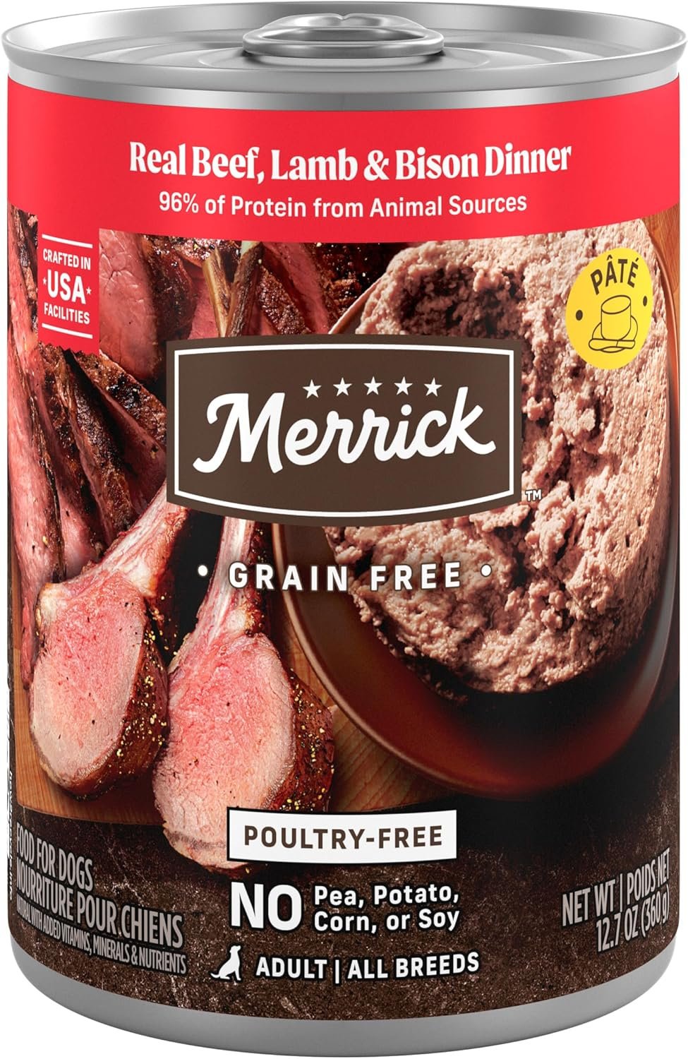 Merrick Grain Free Premium And Natural Canned Dog Food, Soft And Healthy Poultry Free Wet Recipe, Real Beef Lamb And Bison – (Pack of 12) 12.7 oz. Cans
