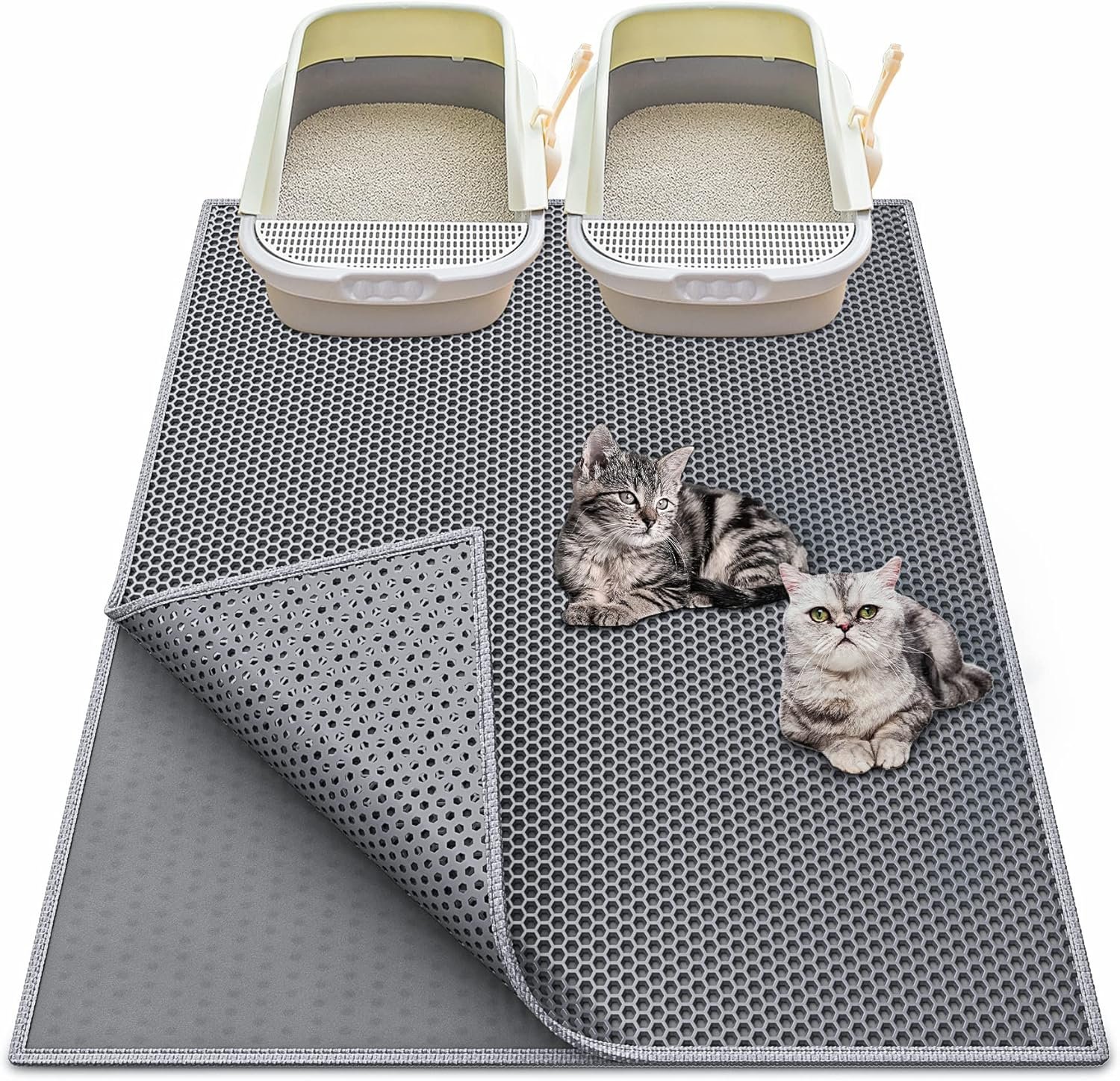 Cat Litter Box Mat: 36″x 30″ Waterproof Kitty Cat Litter Trapping Mat, Easy-clean Double-layer Scatter Control Pad Rug (Grey)
