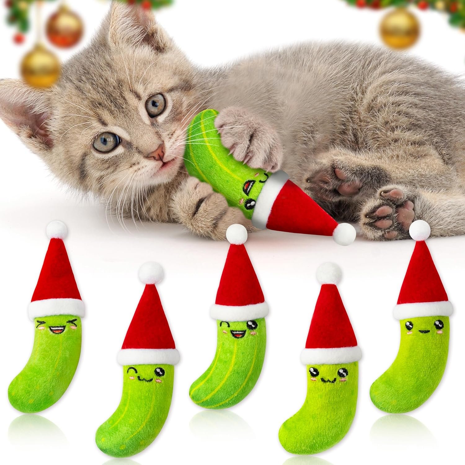MALLMALL6 Catnip Toys for Cat – 5Pcs Christmas Pickle Catmint Interactive Cat Toy for Indoor Cats, Soft Santa Hat Kitten Supplies, Kitten Teething Chew Toy Set, Pet Xmas Gifts for Kitty Lover