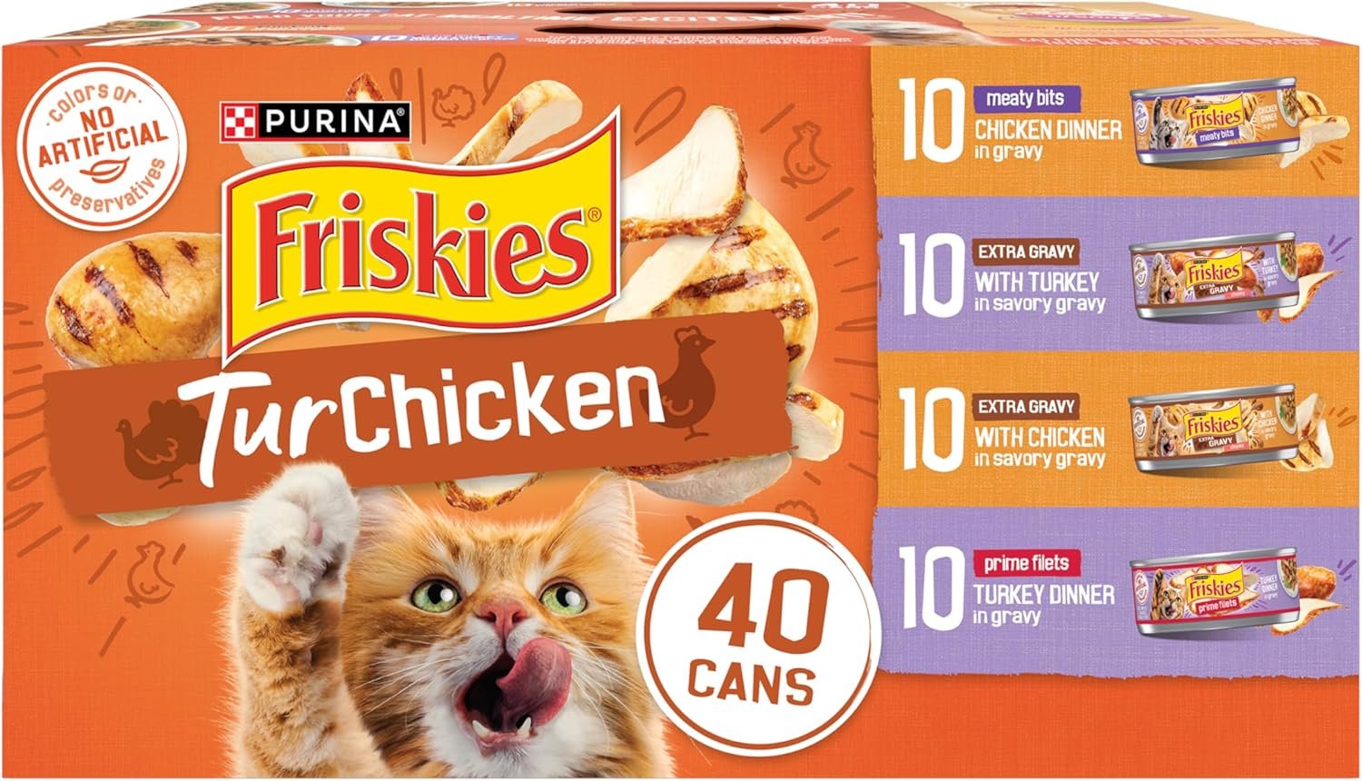 Purina Friskies Wet Cat Food Gravy Variety Pack, TurChicken Extra Gravy Chunky, Meaty Bits and Prime Filets – (Pack of 40) 5.5 oz. Cans