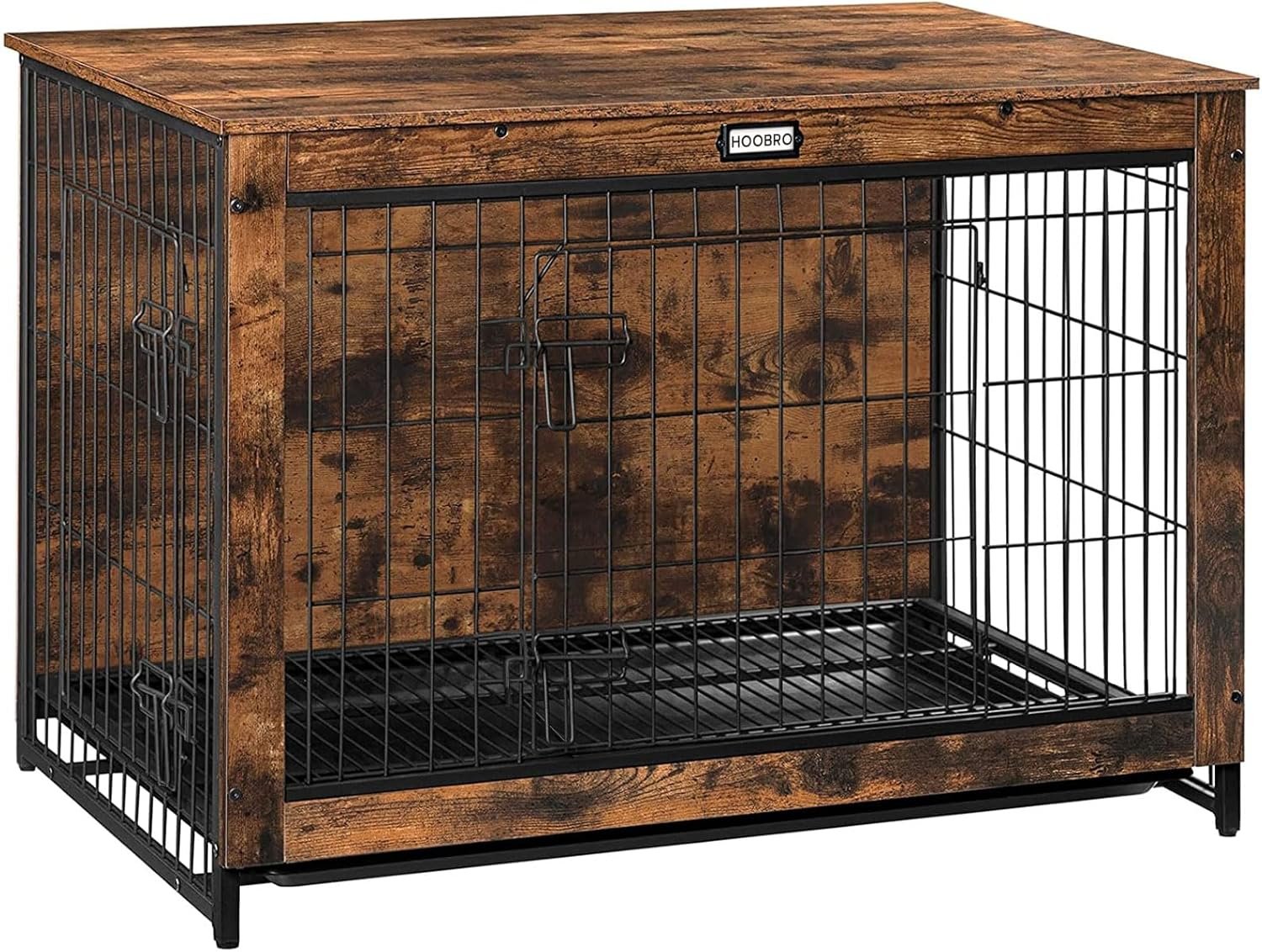 HOOBRO Dog Crate Furniture, 38.6″ Large Dog Kennel Indoor, Wooden Cage with Pull-Out Tray, Double Doors Pet House Side End Table for Large/Medium/Small Dogs, Rustic Brown BF982GW03G1