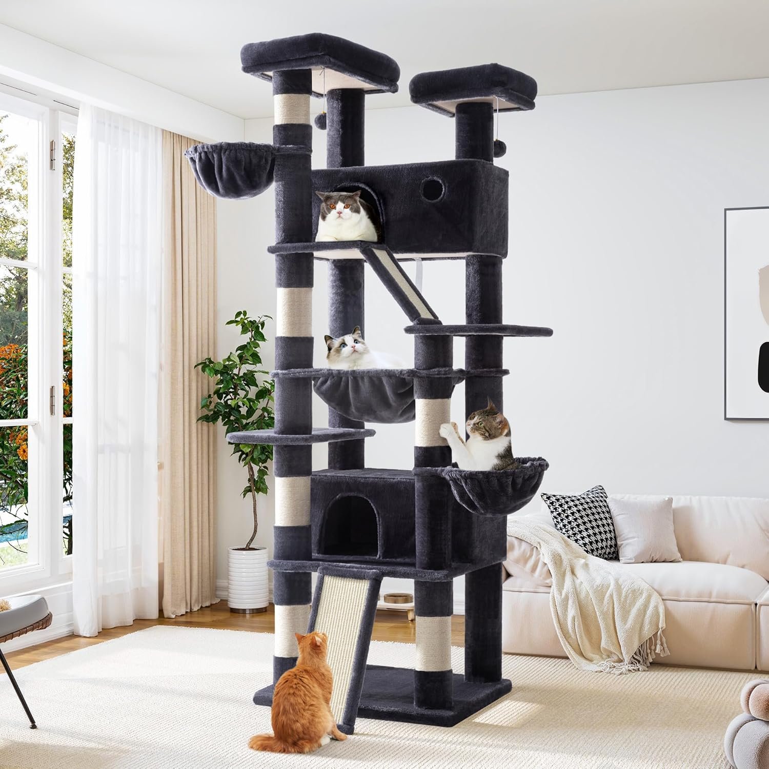 Allewie 81 Inches Tall Cat Tree/Multi-Level Large Climbing Tree House and Towers for Big Feline/Condo and Hammock/Scratching Post/Wide Base/Dark Grey