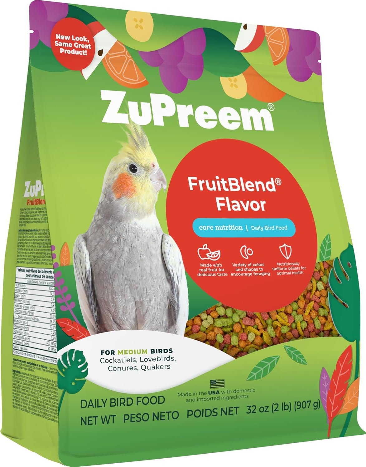ZuPreem FruitBlend Bird Pellets, Daily Bird Food for Cockatiel, Lovebird, Quaker, Small Conure, Lorikeet, Core Nutrition for Medium Birds, Cockatiel Pellets, Conure Food (M, 2 lbs)