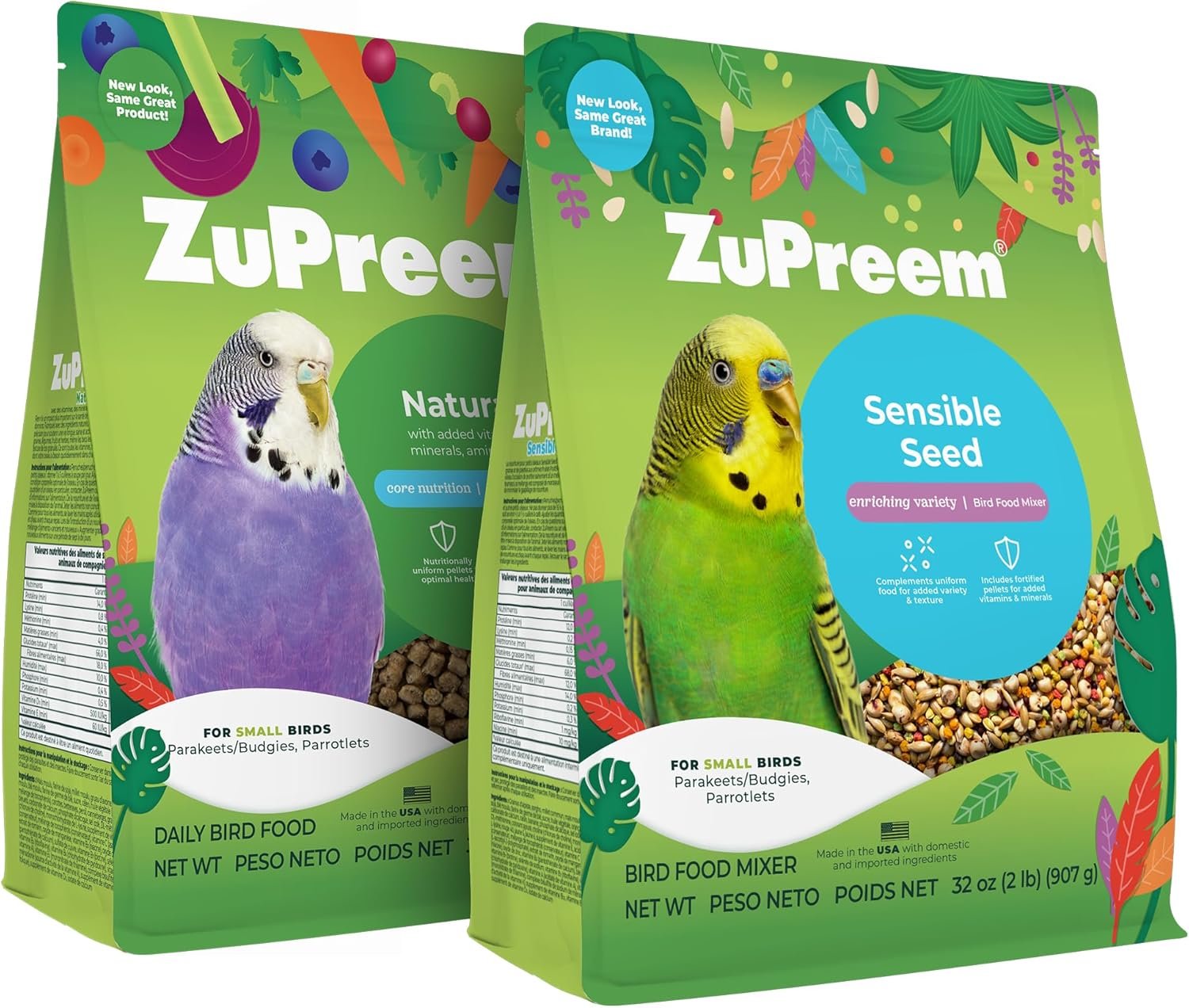 ZuPreem Natural Pellets & Sensible Seed Food for Parakeets, Budgies, Parrotlets, Doves, Nutrient-Rich Blend with Added Vitamins for Small Birds (2.25 lb Pellets & 2 lb Seed, Pack of 2)