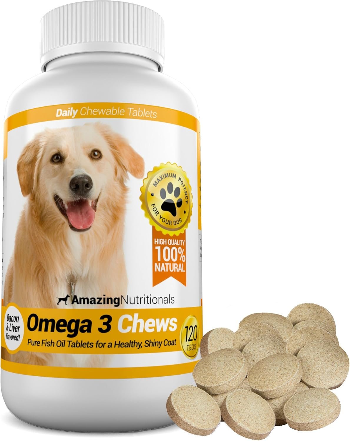 Amazing Omega 3 for Dogs – Fish Oil Supplement 120 Bacon Chews – Dog Vitamins for Itchy Skin Relief, Dry Skin, Shedding & Coat – Omega Fatty Acids EPA DHA – Made in USA