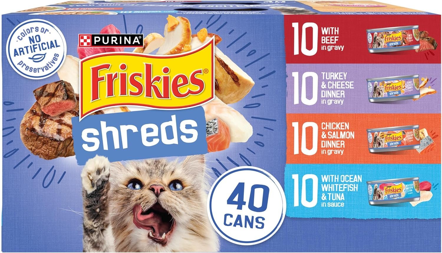 Purina Friskies Wet Cat Food Variety Pack, Shreds With Beef, Turkey and Cheese Dinner, Chicken and Salmon Dinner, and With Ocean Whitefish and Tuna – (Pack of 40) 5.5 oz. Cans