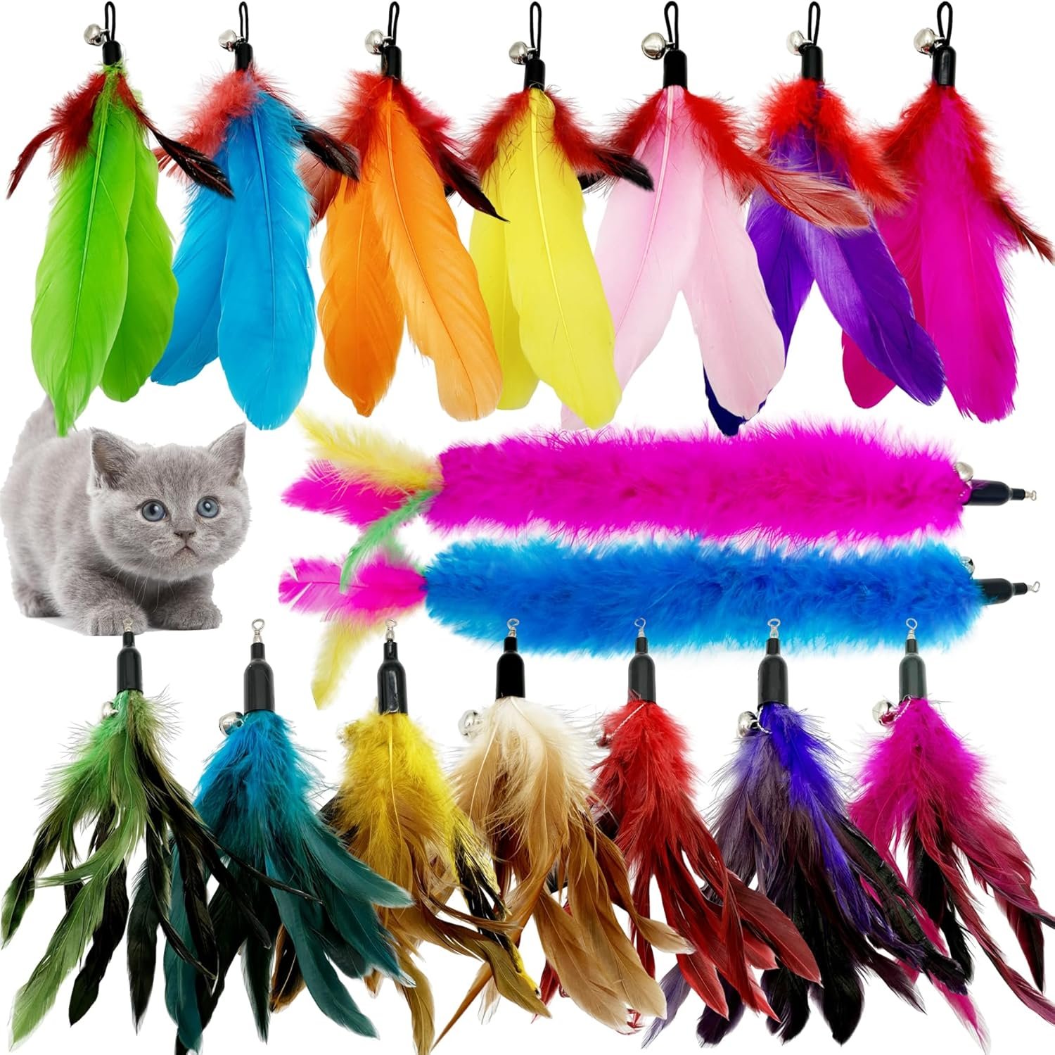 Cat Feather Toys Refill, 16 Pieces Cat Wand Replacement Feathers Toy for Indoor Cats