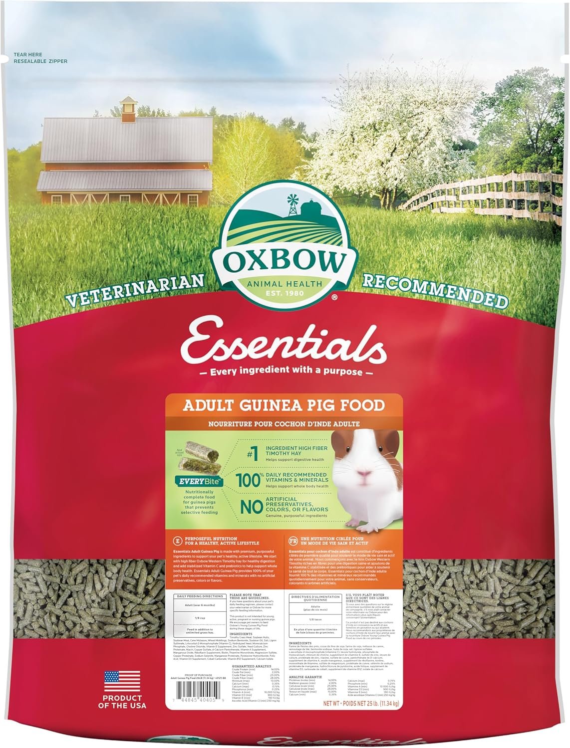 Oxbow Essentials Adult Guinea Pig Food – All Natural Adult Guinea Pig Pellets- No Artificial Ingredients- Veterinarian Recommended- All Natural Vitamins & Minerals- Made in the USA – 25 lb.