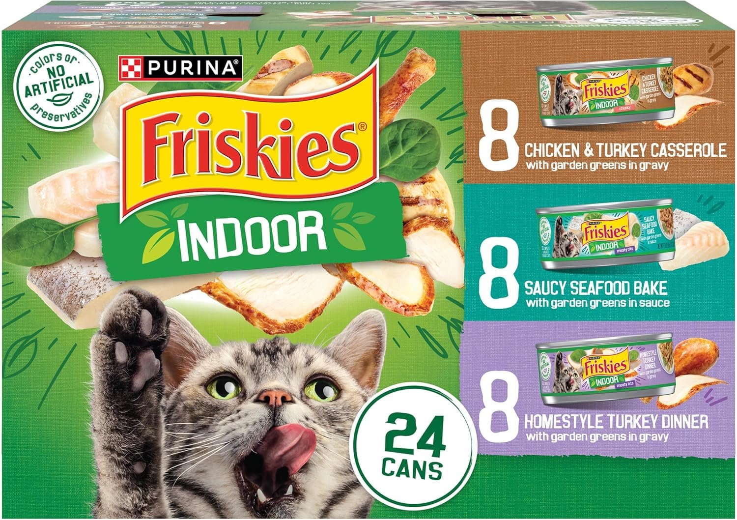 Purina Friskies Indoor Cat Food 24ct VP – (Chicken and Turkey Casserole, Saucy Seafood Bake, Homestyle Turkey Dinner) – (Pack of 24) 5.5 oz. Cans