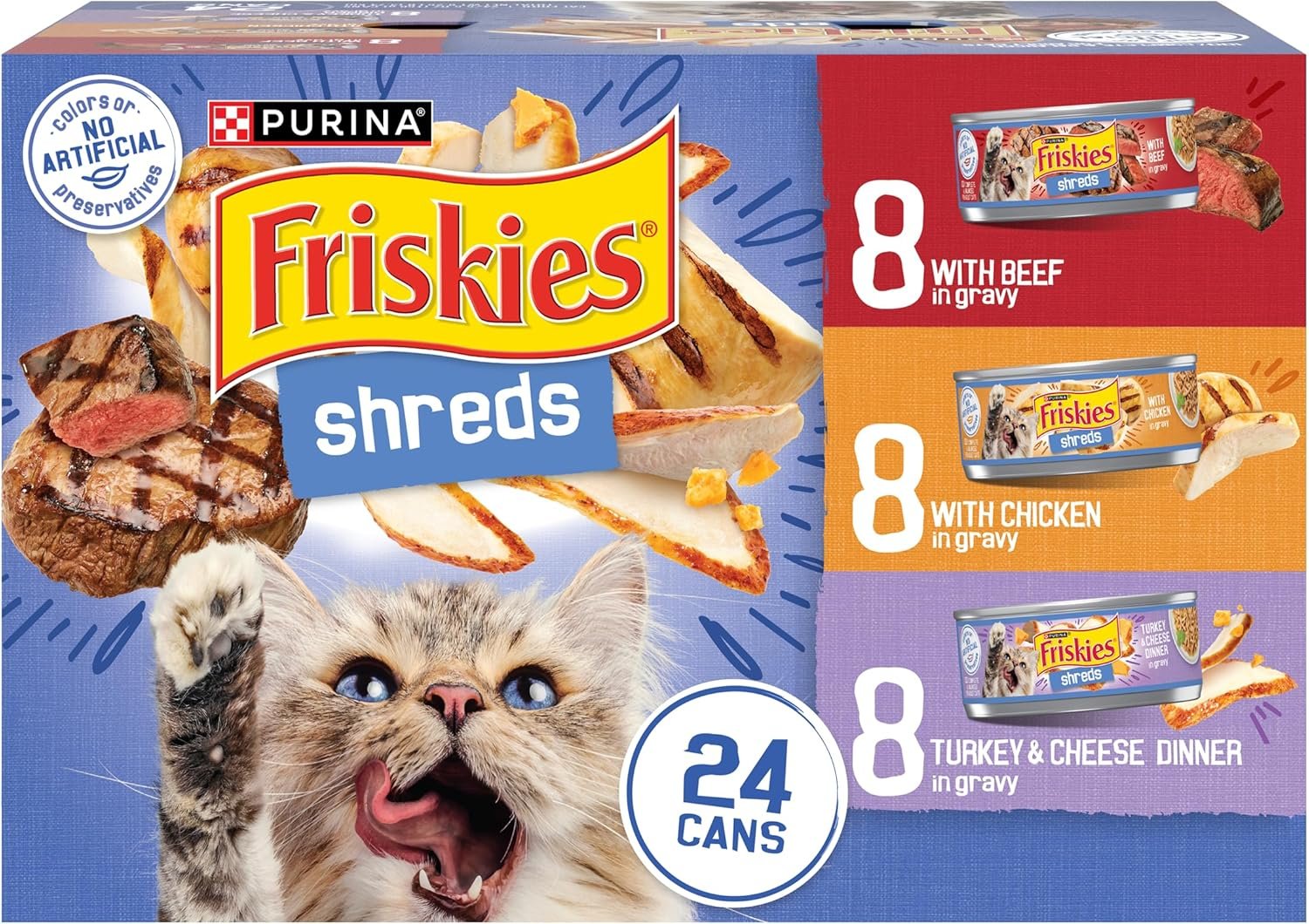 Purina Friskies Gravy Wet Cat Food Variety Pack, Shreds With Beef, With Chicken, and Turkey and Cheese Dinner – (Pack of 24) 5.5 oz. Cans