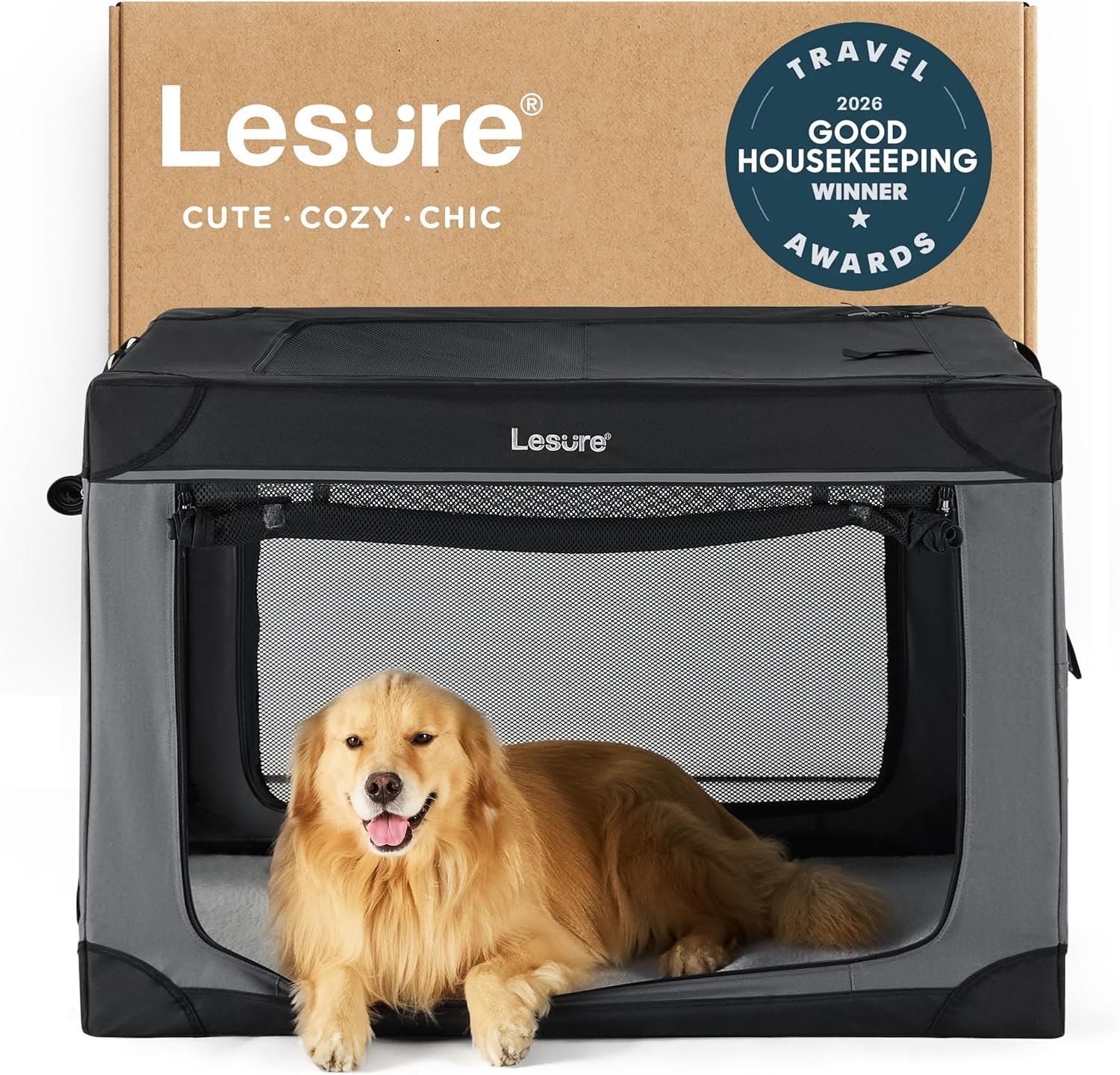Lesure Shown on TODAY Show Soft Collapsible Dog Crate – 42 Inch Portable Travel Crate for Extra Large Dogs Indoor & Outdoor, 4-Door Foldable Pet Kennel with Mesh Windows, Black