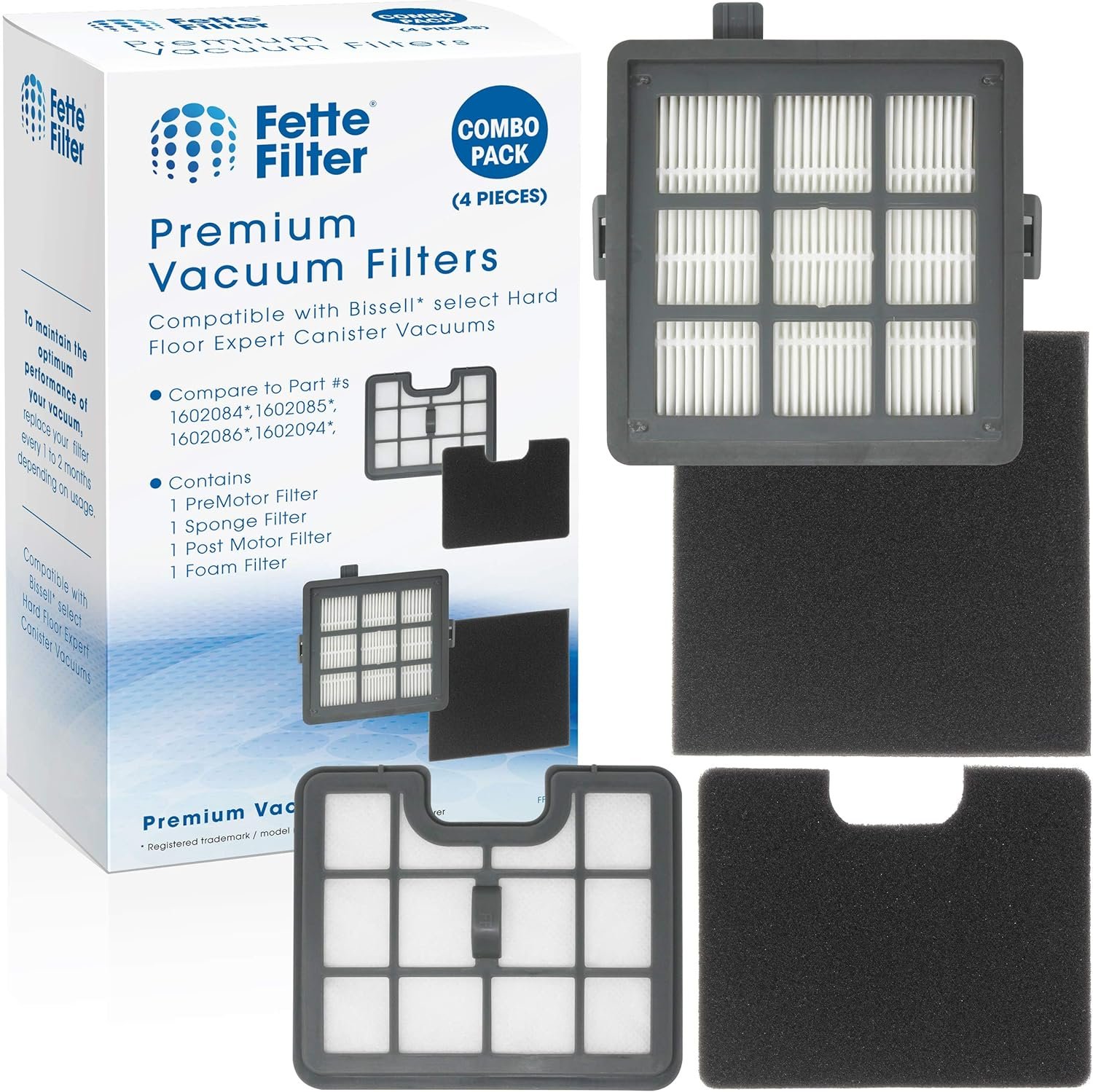 Fette Filter – Filter Set Compatible with Bissell Hard Floor Expert Canister Vacuum Series 1154 & 1161 Contains- 1 PreMotor 1 Sponge 1 Post Motor 1 Foam Part #s 1602084, 1602085, 1602086, 1602094.