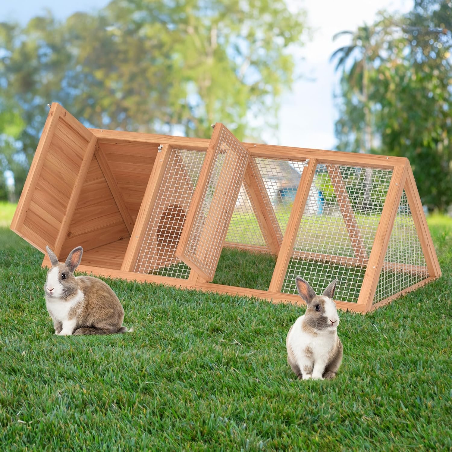 Rabbit Hutch, Small Chicken Coop Outdoor A-Frame Quail Cage with 2 Door & Run Cage Wooden Triangle Quail Hutch with Ventilating Wire Poultry Hutch for Small Animal (Wood)