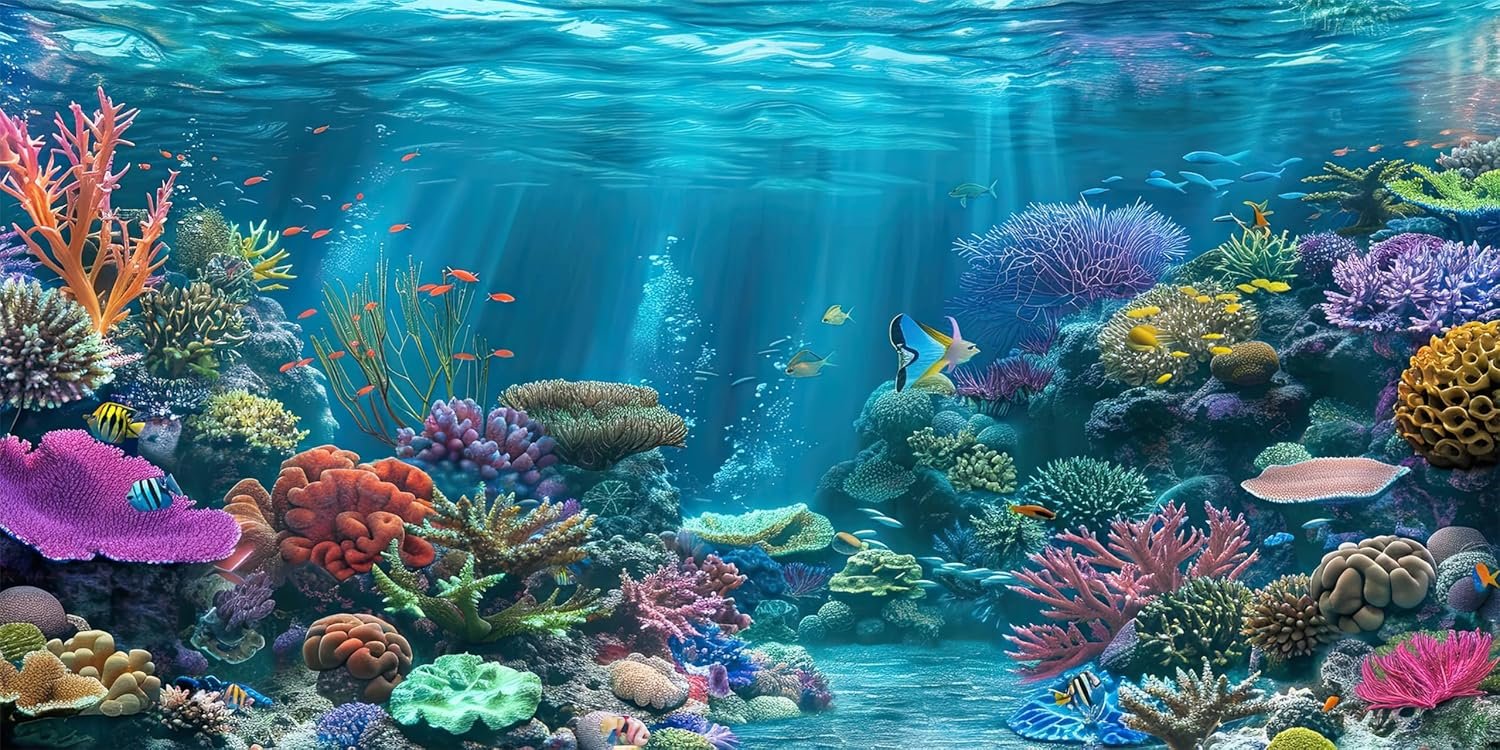 iTapnoom Ocean Floor Aquarium Background, Underwater Tropical Fish Coral Reef Aquatic Nature Plant Fish Tank Backdrop Decor, Polyester Fabric with 6 EVA Double-Sided Tapes 48×24 inches/120x60cm
