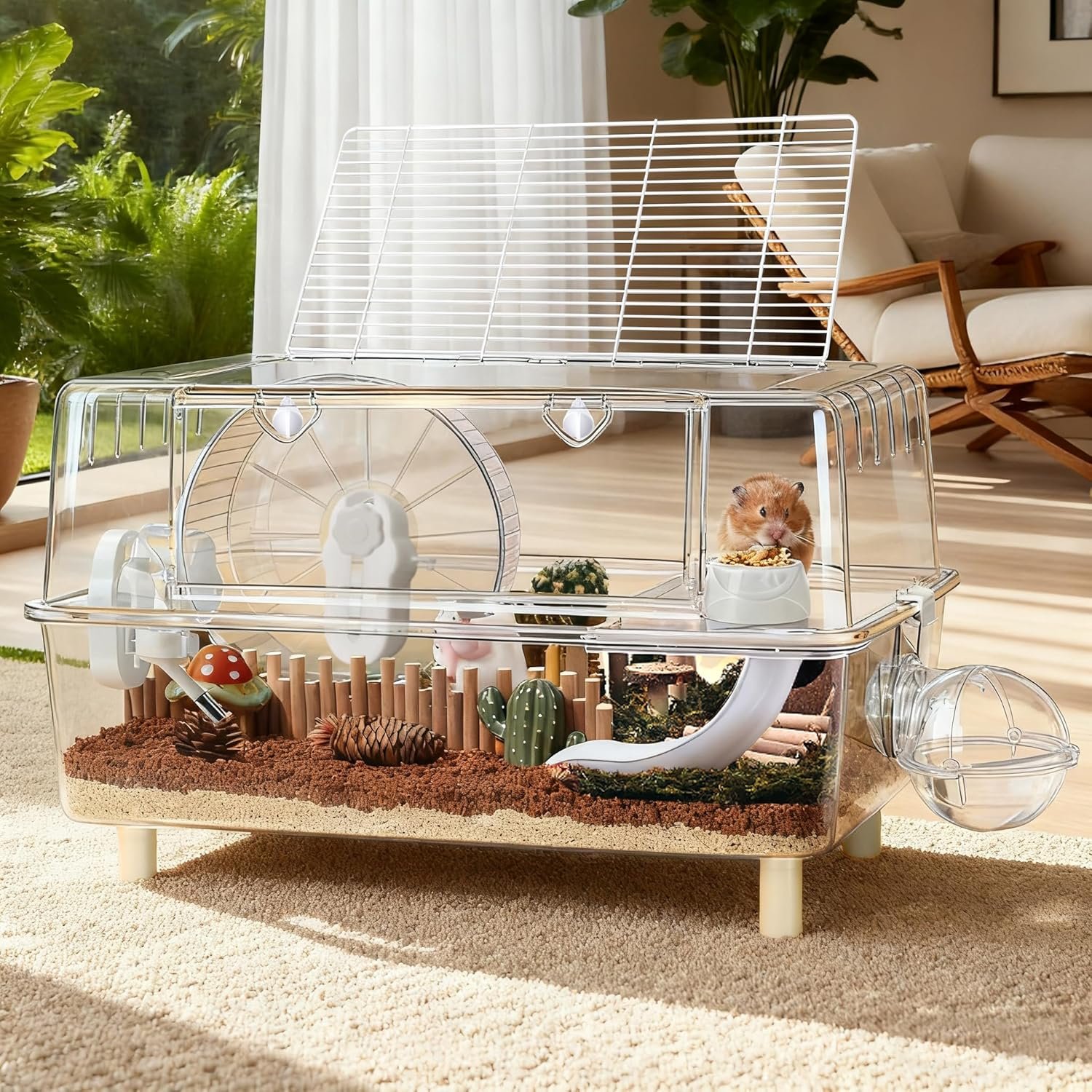 Large Hamster Cage,Crystal Clear Acrylic Hamster Cage with Stand,24.4”L*18.1”W*15.8”H Pet Mouse Cage for Pet Mice,Crystal Mouse Habitat,Hamster Enclosure with Modular Platform,Hamster Starter Kit