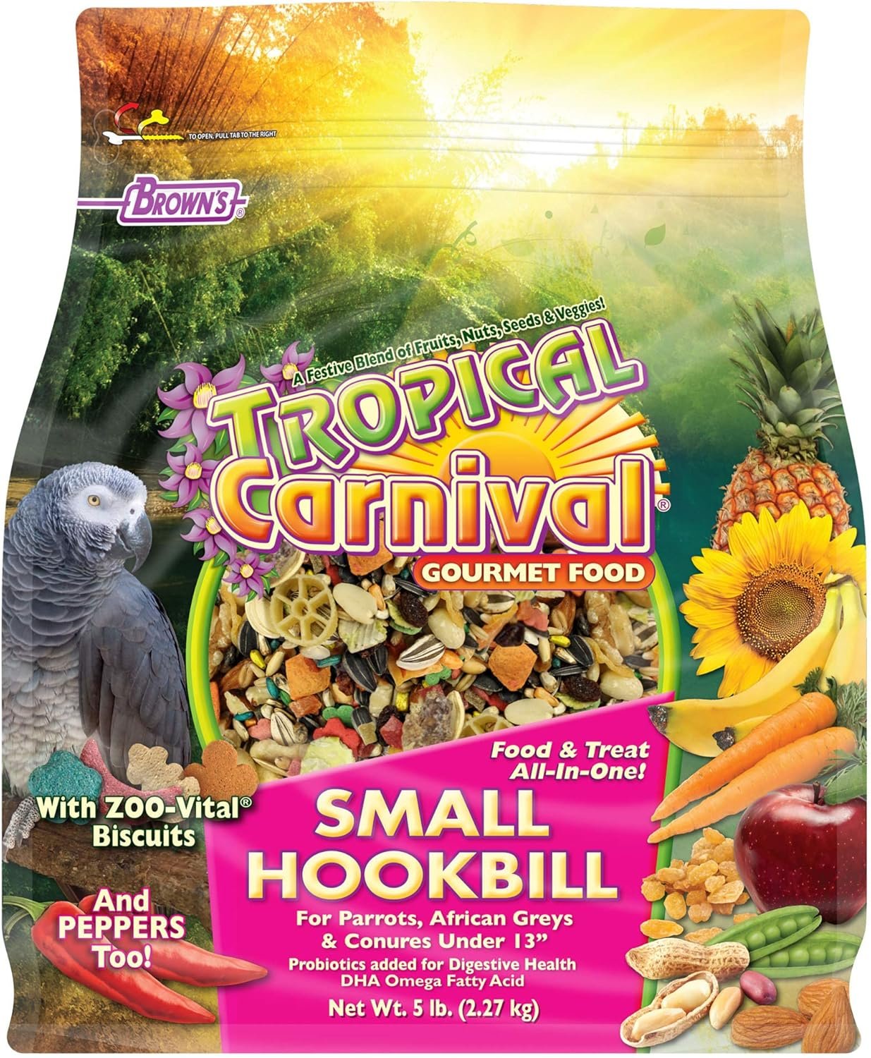 F.M. Brown’s Tropical Carnival Gourmet Bird Food for Parrots, African Greys, and Conures Under 13″, Probiotics for Digestive Health, Vitamin-Nutrient Fortified Daily Diet – 5 lb.